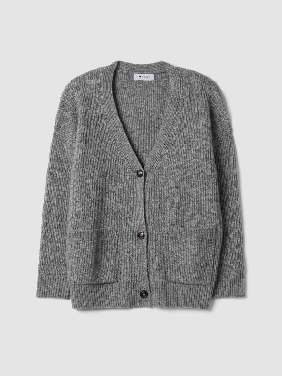 Cardigan grigio in tessuto elasticizzato con scollo profondo a V_4
