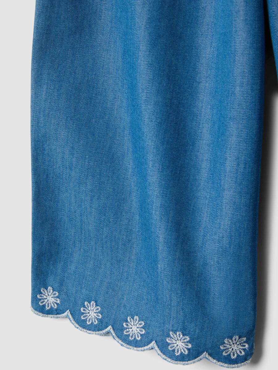 Girls' Blue Denim Cotton Blend Wide Leg Trousers with Embroidery_3