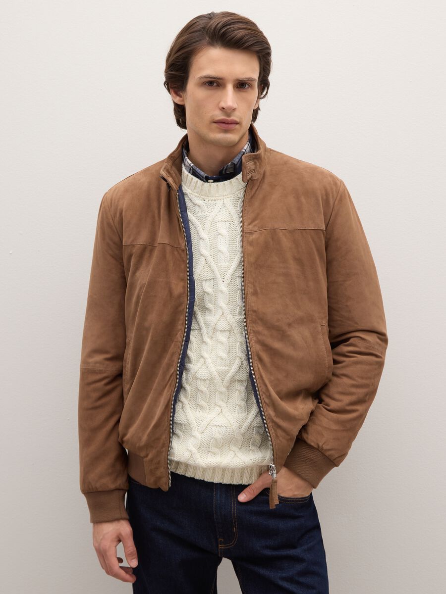 Giubbotto bomber da uomo in vera pelle marrone regular fit_1