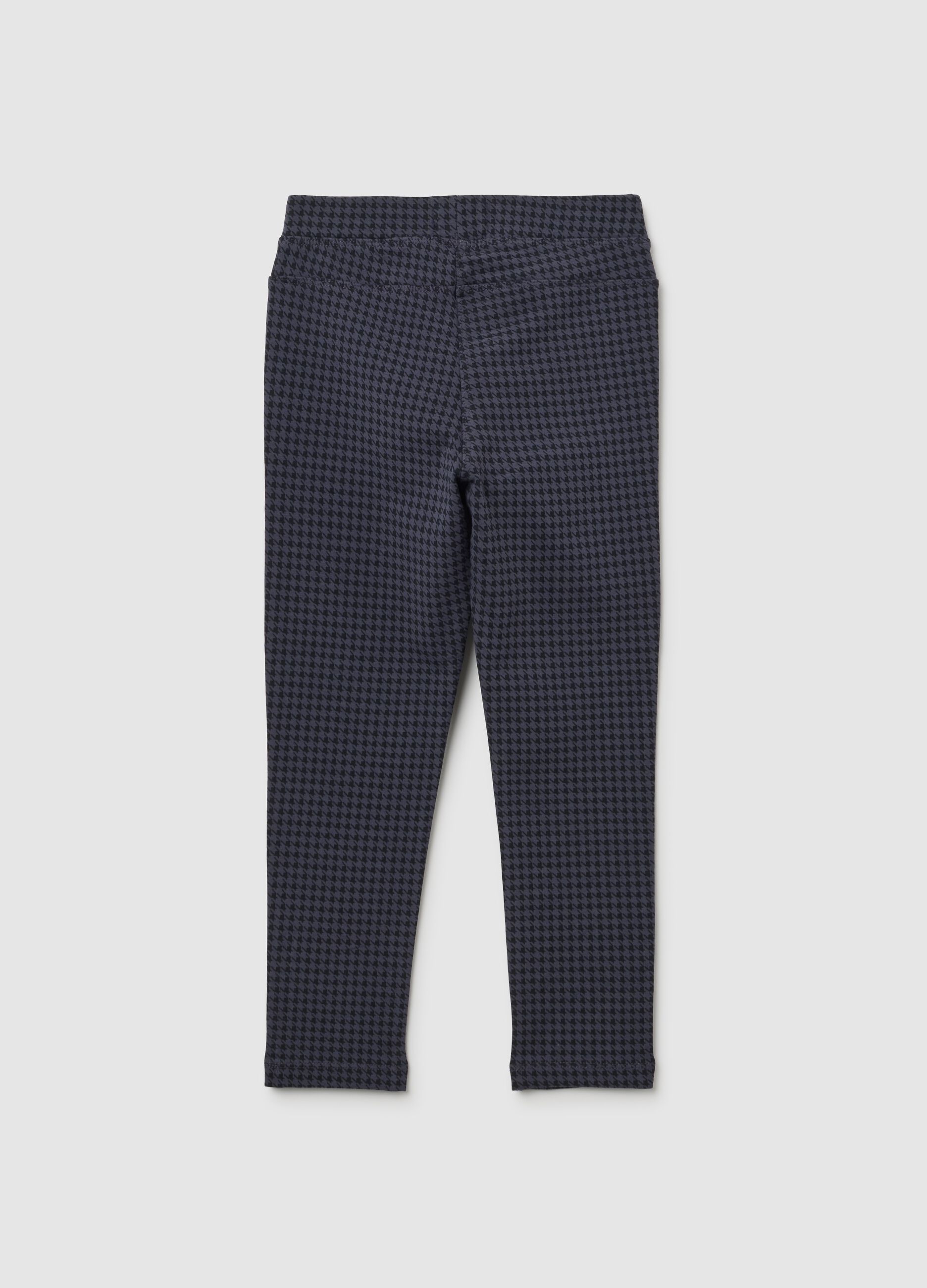 Girl's Blue Cotton Blend Leggings with Houndstooth Pattern