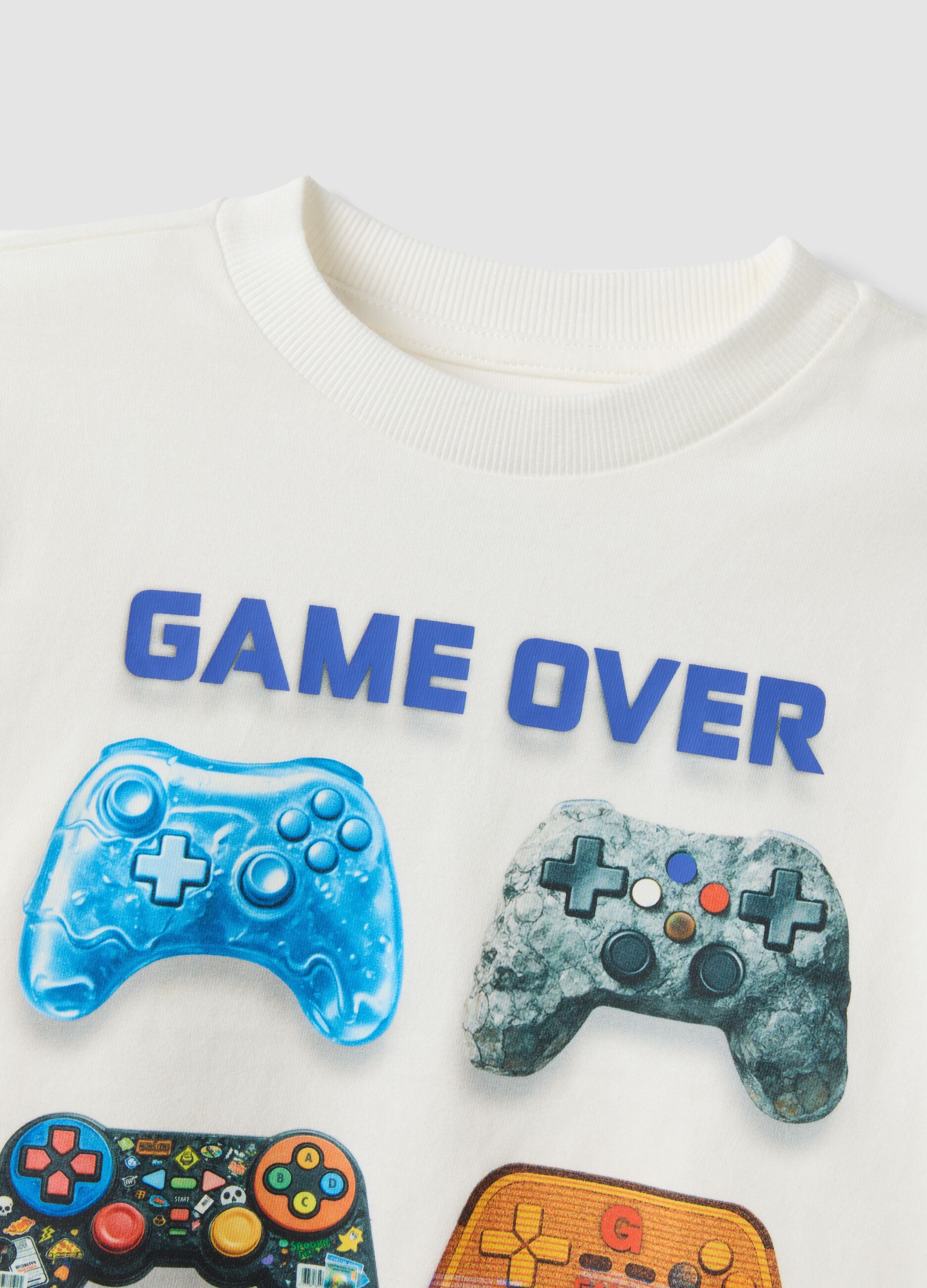 White pure cotton crew-neck T-shirt with gaming print