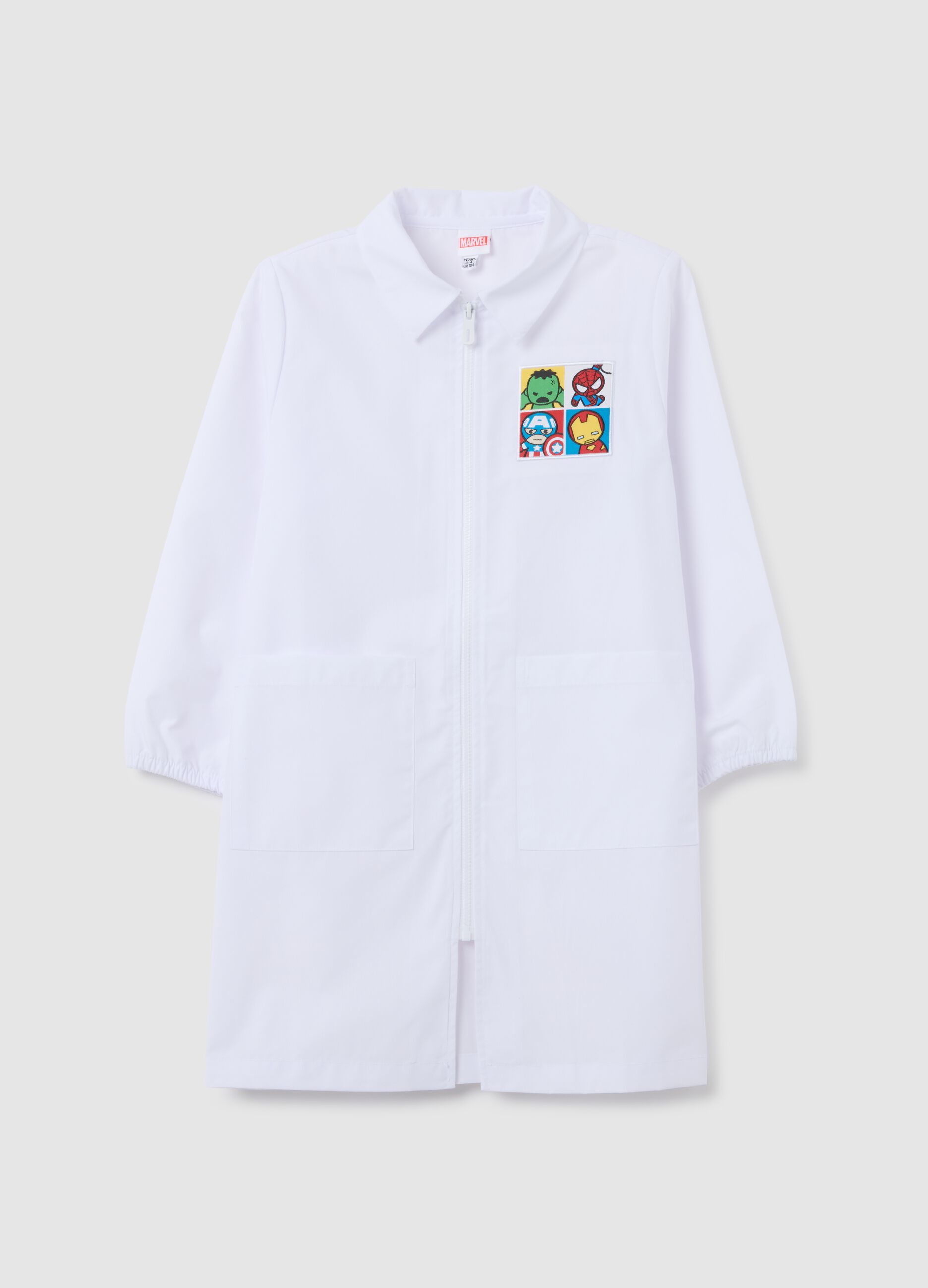 Kids school lab coat in white cotton blend with Avengers print