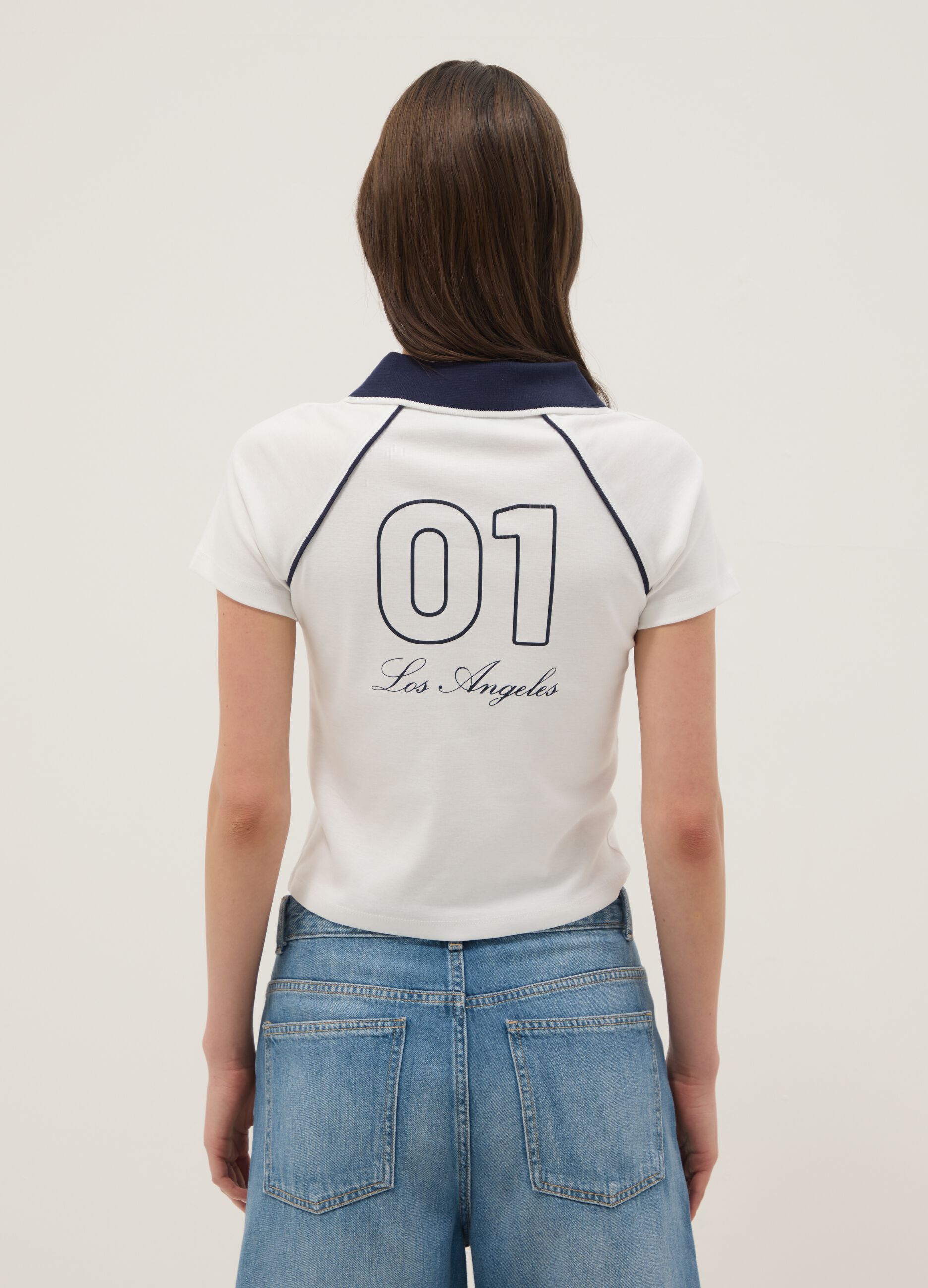 White pure cotton regular fit polo neck T-shirt with print