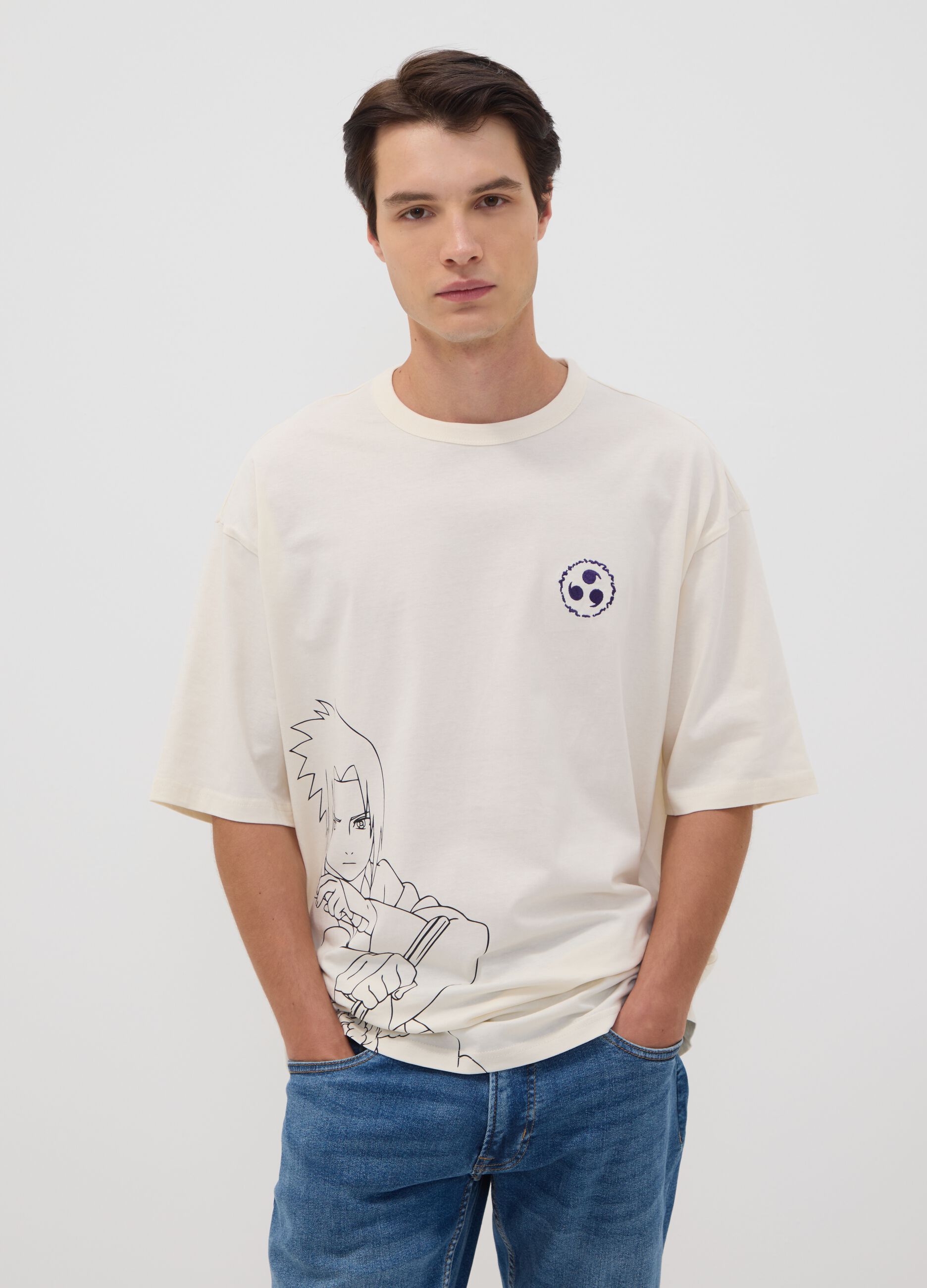 White oversized pure cotton Naruto print T-shirt