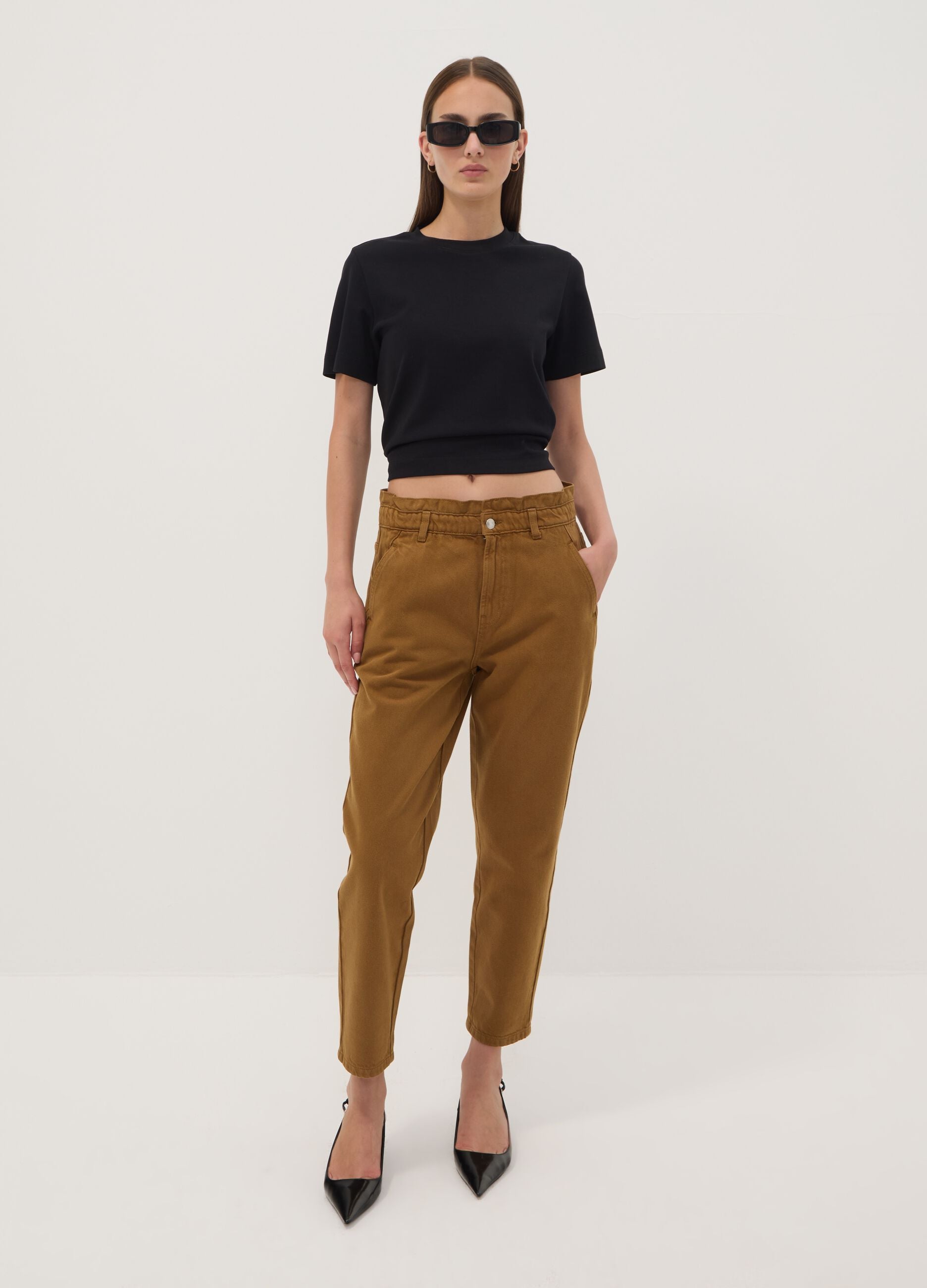 Bronze brown baggy-fit pure cotton denim jeans with paper-bag waist
