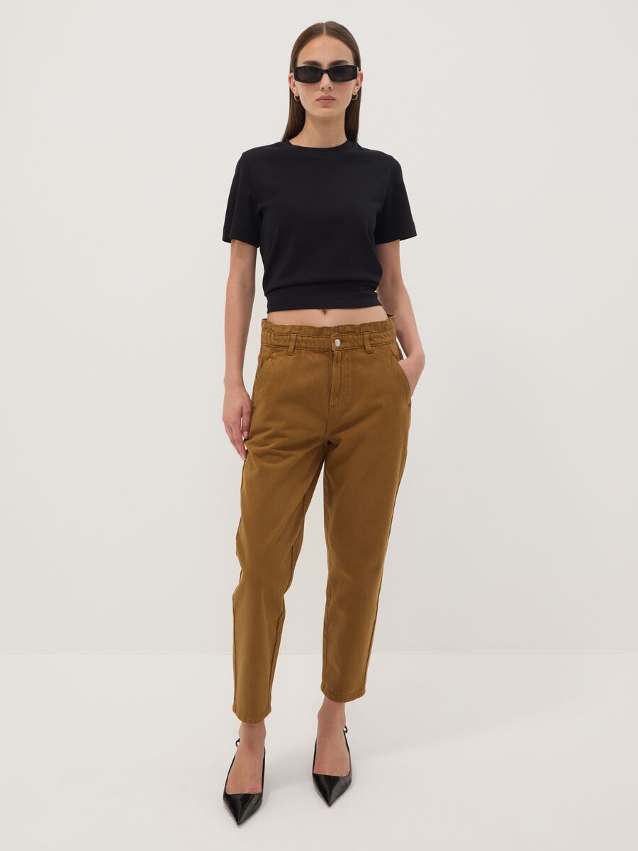 Bronze brown baggy-fit pure cotton denim jeans with paper-bag waist_1