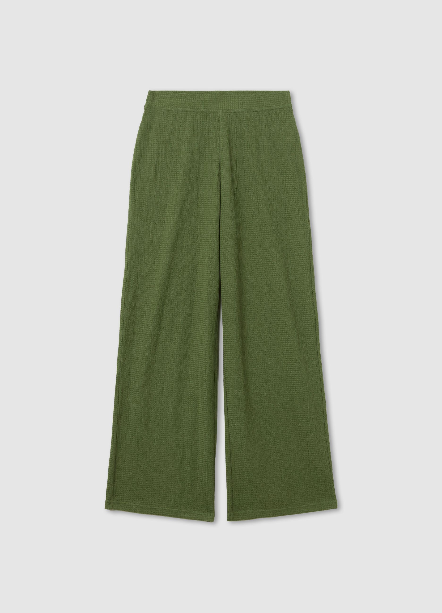 Wide-leg green trousers with waffle weave