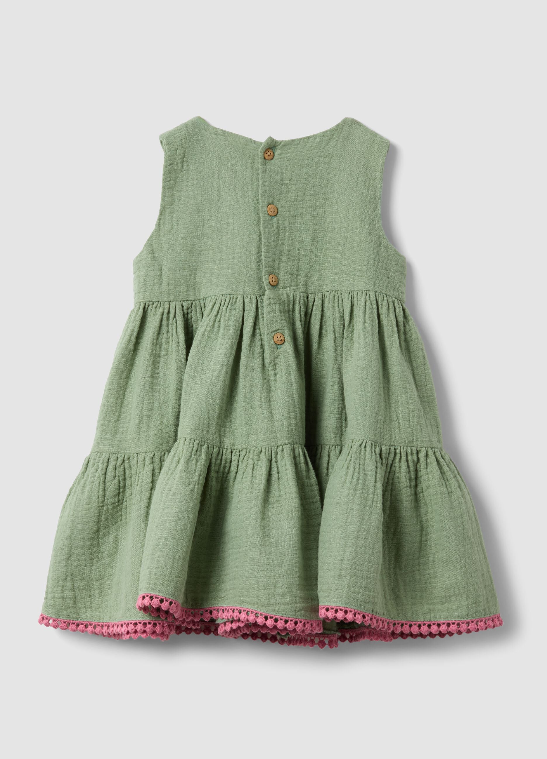 Green pure cotton mini dress with floral embroidery