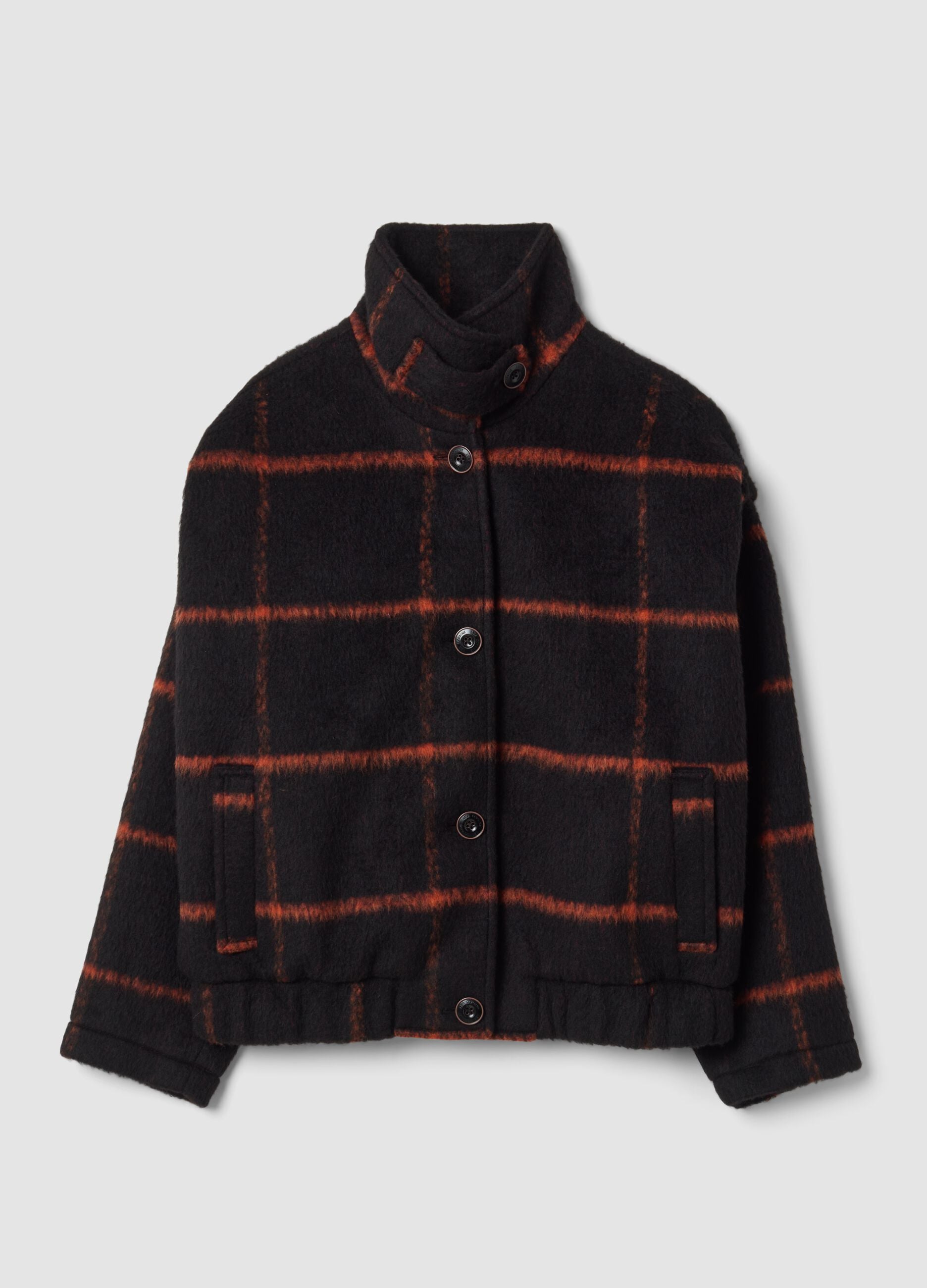 Cappotto nero e arancione scuro in misto lana a quadri regular fit