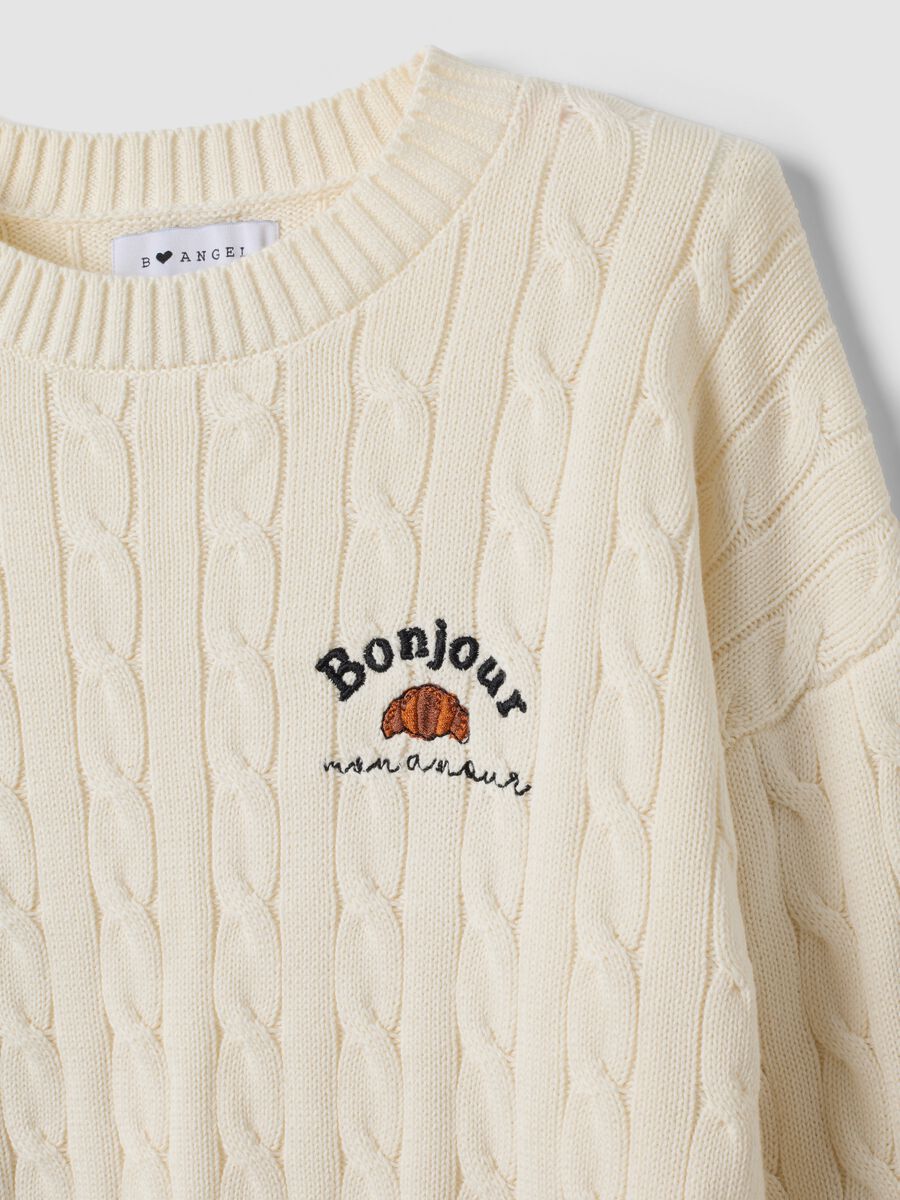 Maglia bianca in puro cotone a trecce con ricamo croissant_2