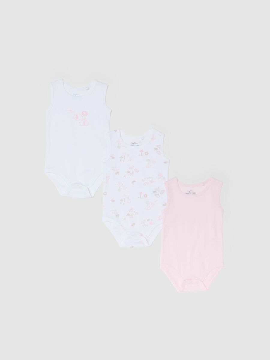 Tripack body senza maniche in puro cotone multicolor da neonata_0