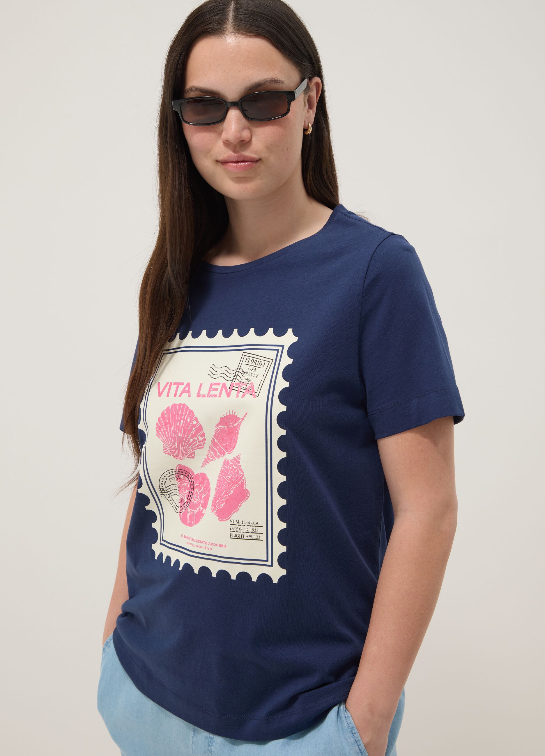 Blue pure cotton T-shirt with print, regular fit