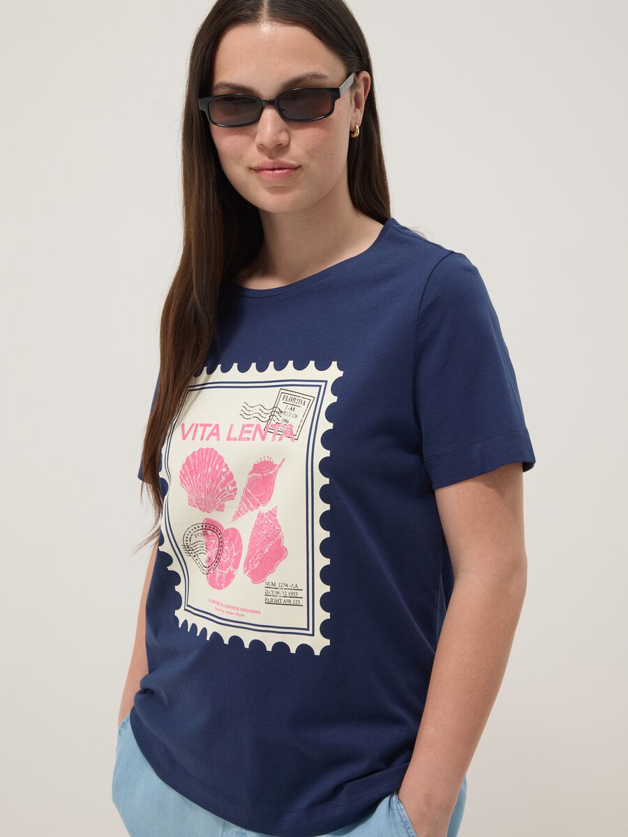 Blue pure cotton T-shirt with print, regular fit_0