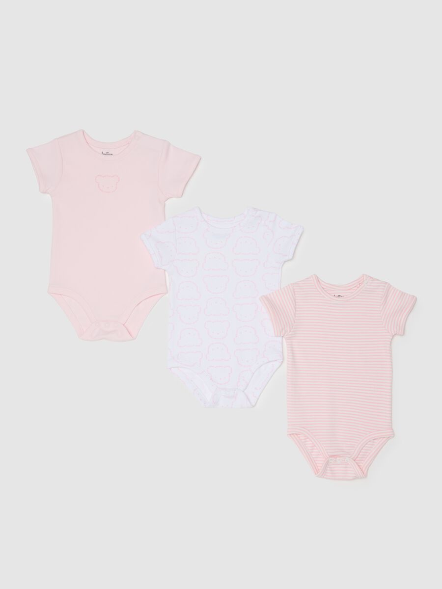 Set of three baby girl cotton bodysuits in multicolour_0