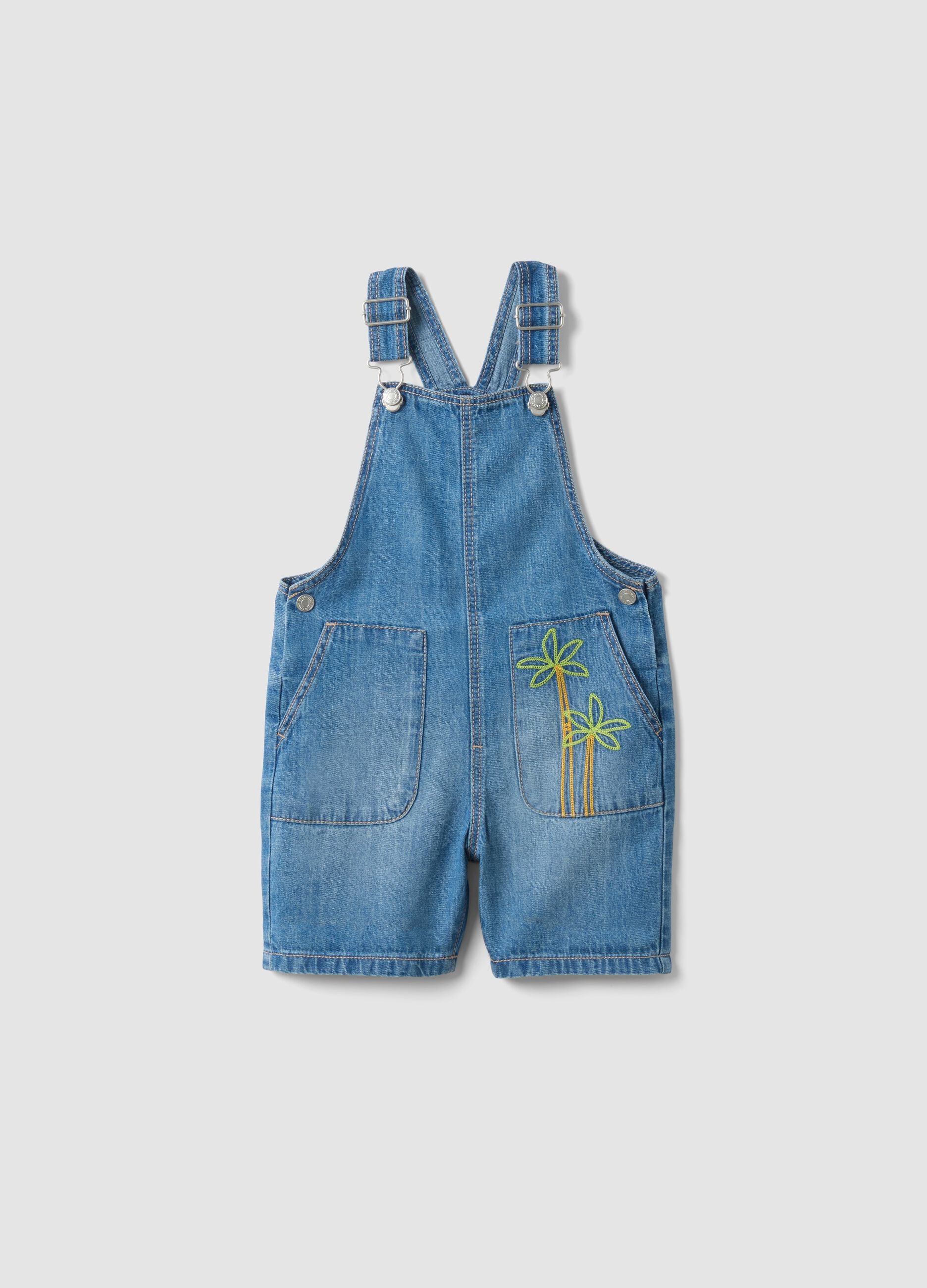 Boys' regular-fit blue denim dungarees in cotton blend with embroidery