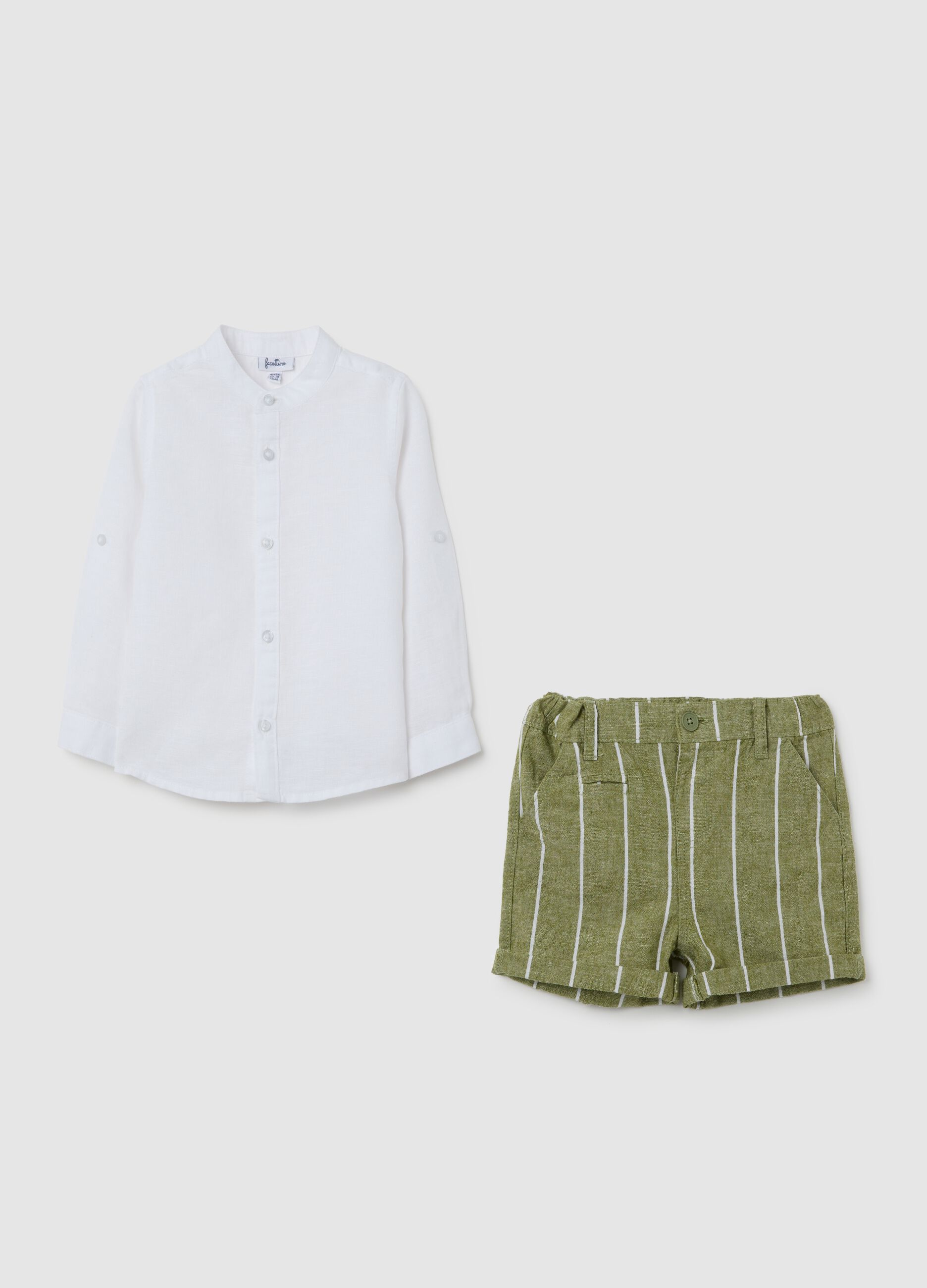 Children's set in white and green regular fit linen and cotton blend with striped shorts