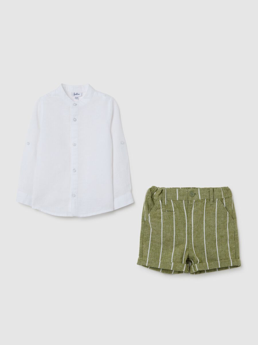Children's set in white and green regular fit linen and cotton blend with striped shorts_0