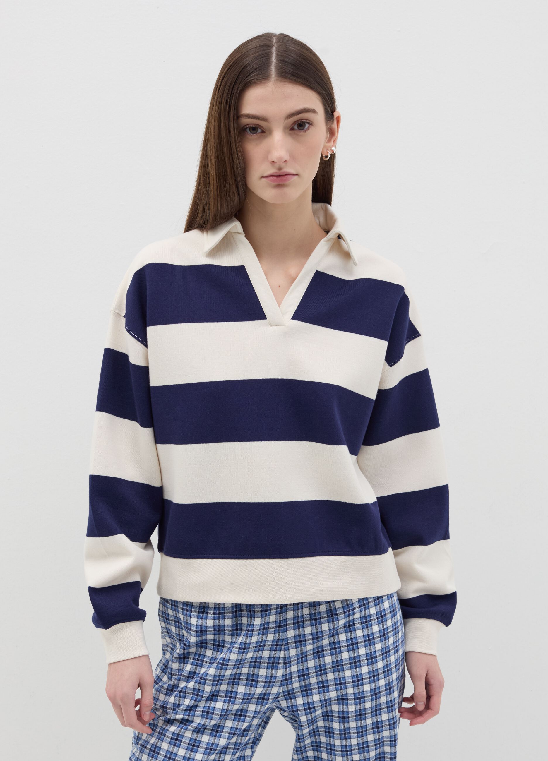 Striped sweatshirt with polo neck