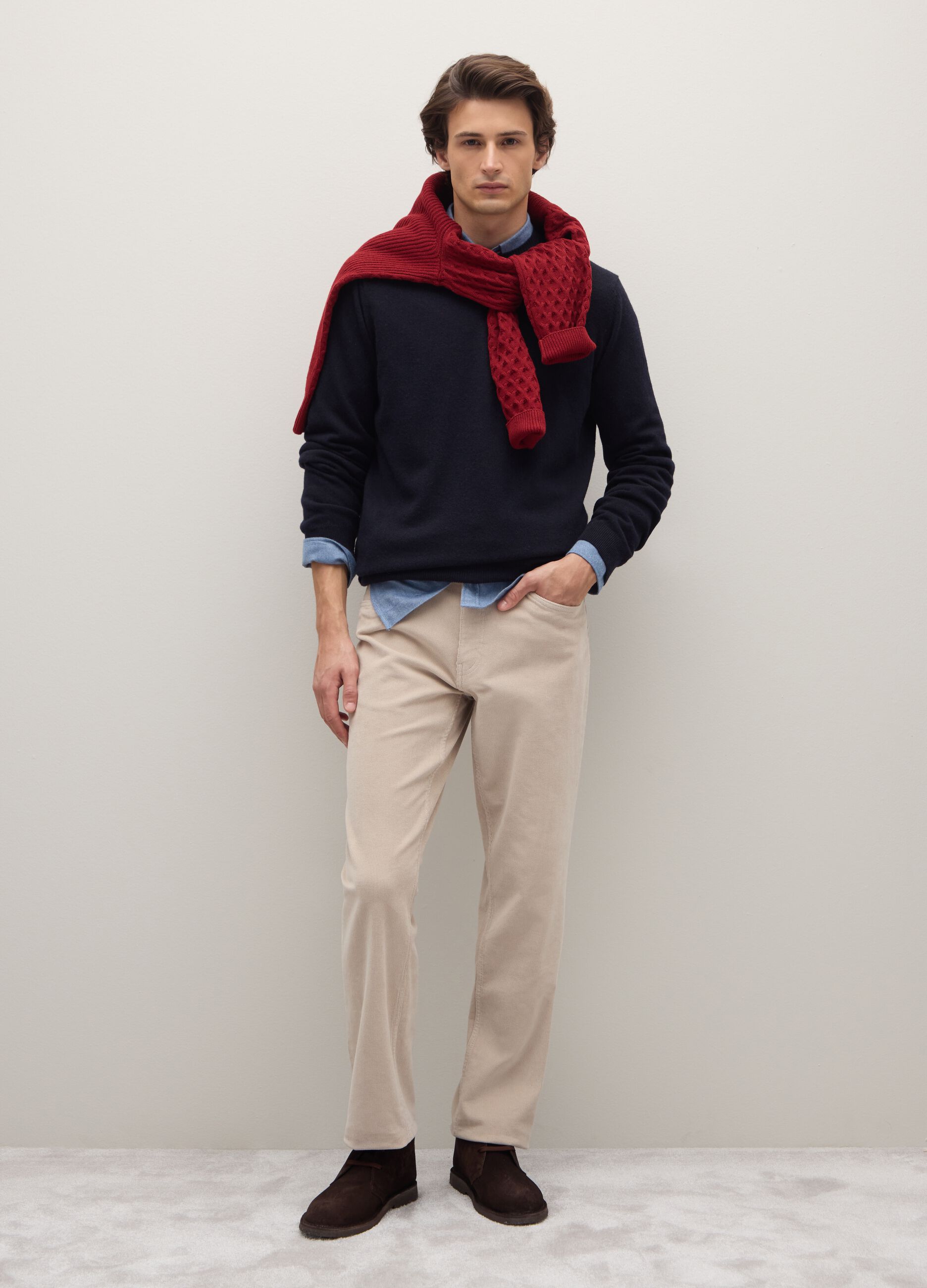 Beige regular fit stretch cotton trousers