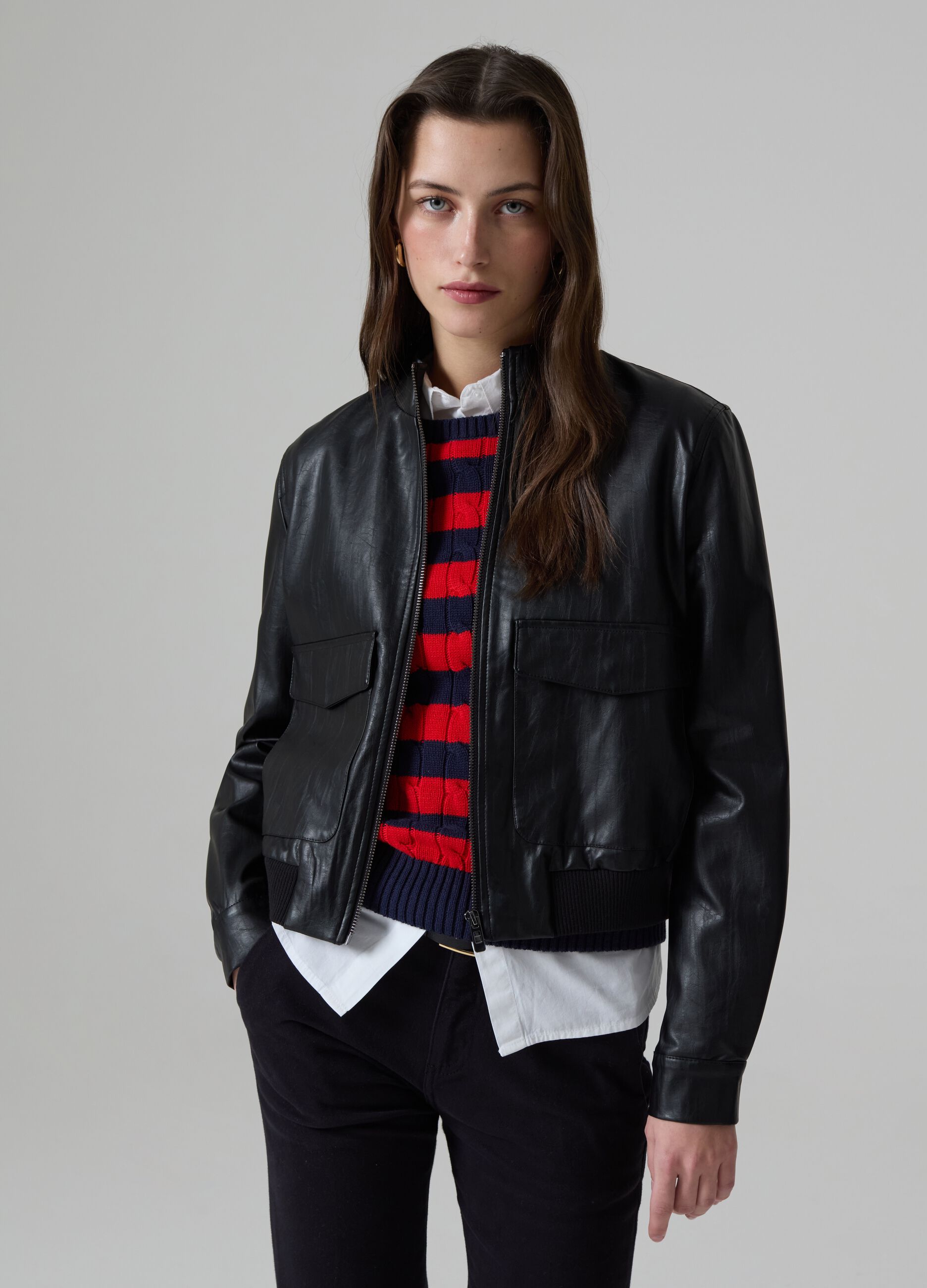 Full-zip glossy-effect bomber jacket