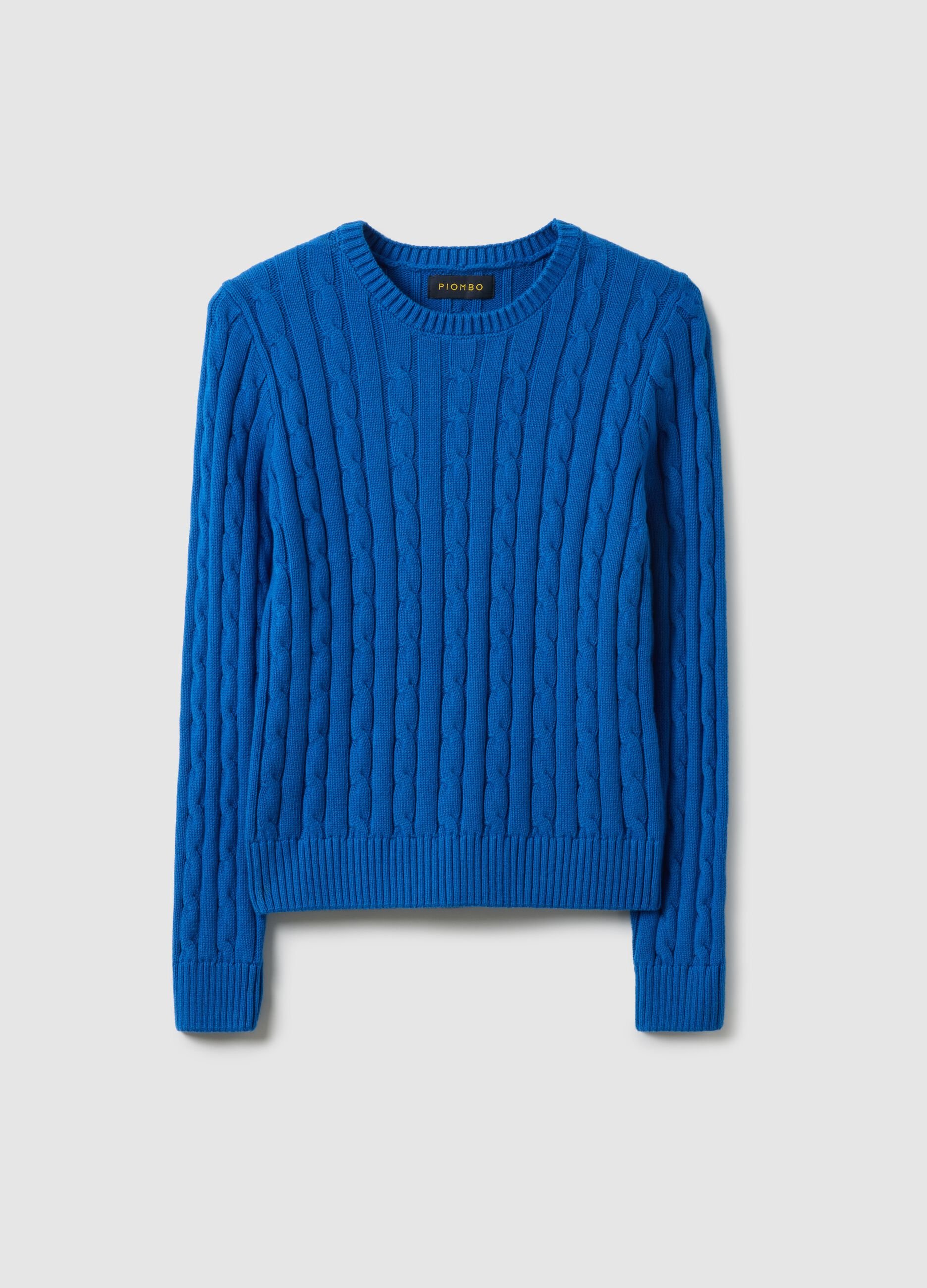 Blue sweater in pure cotton regular fit with cable knit