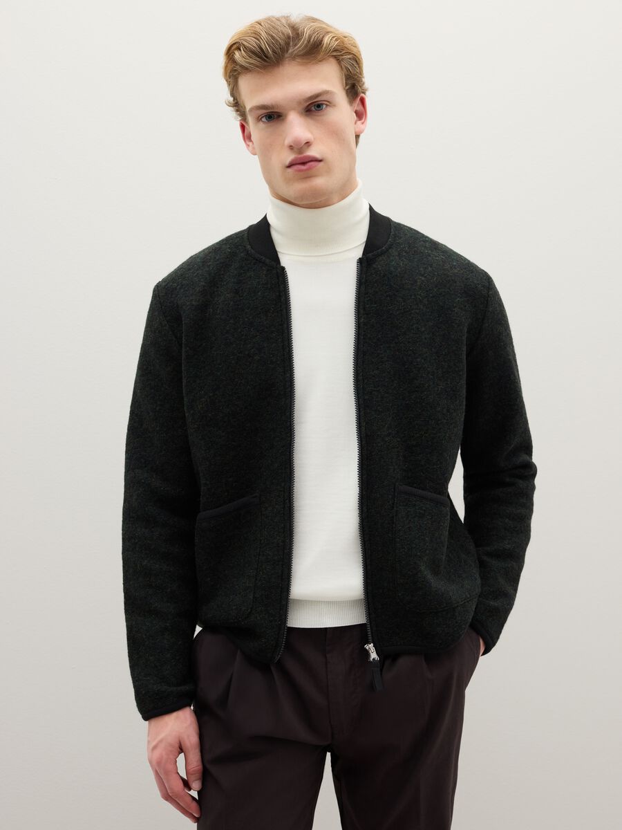 Black sweatshirt in a wool and polyester blend with full zip_0