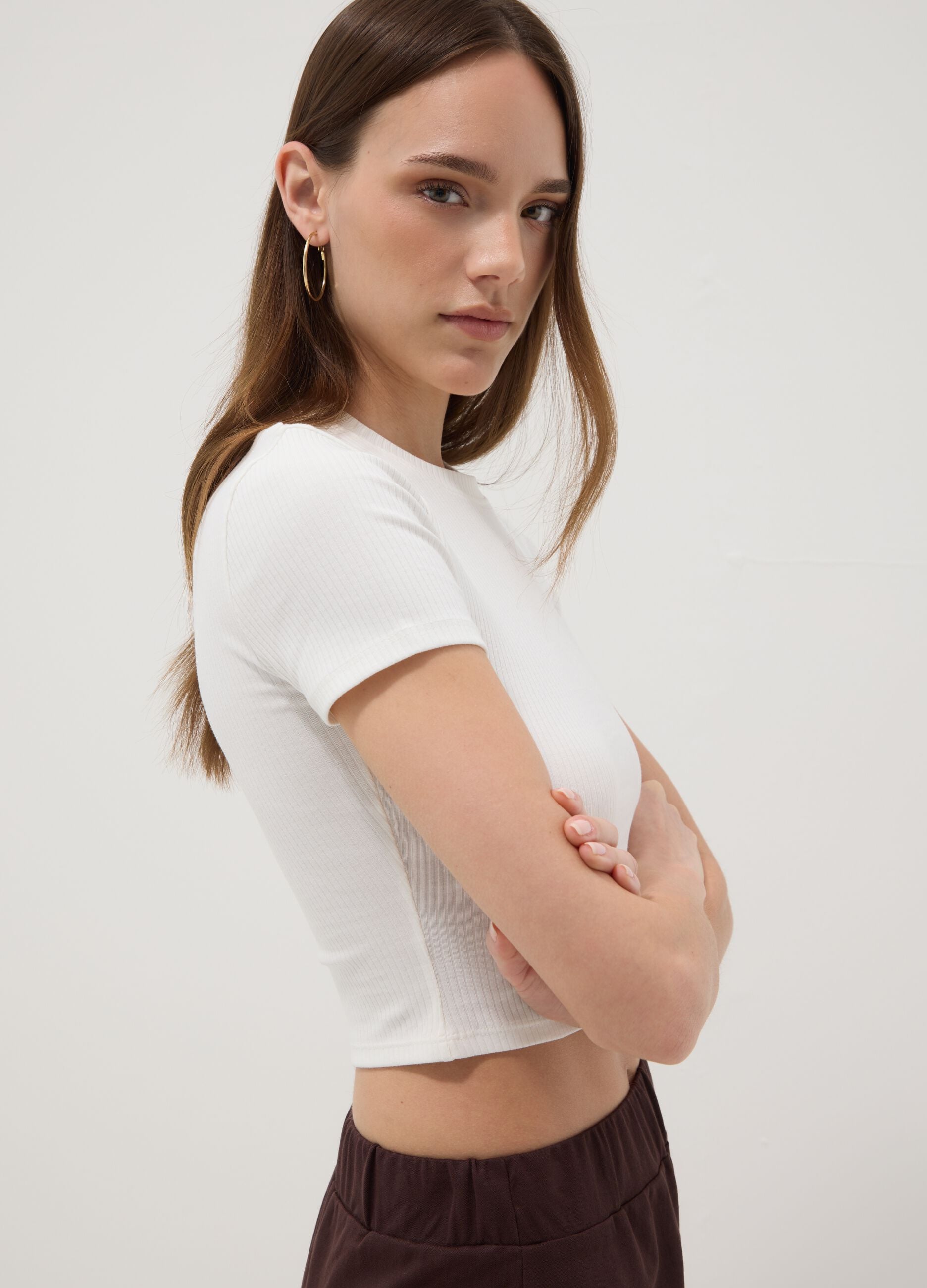 White ribbed fitted T-shirt in stretch cotton