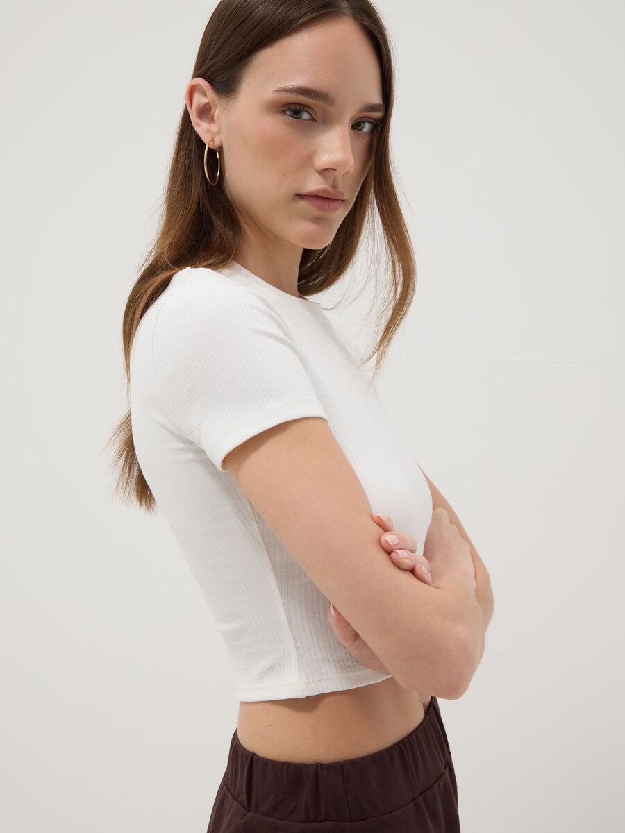White ribbed fitted T-shirt in stretch cotton_0