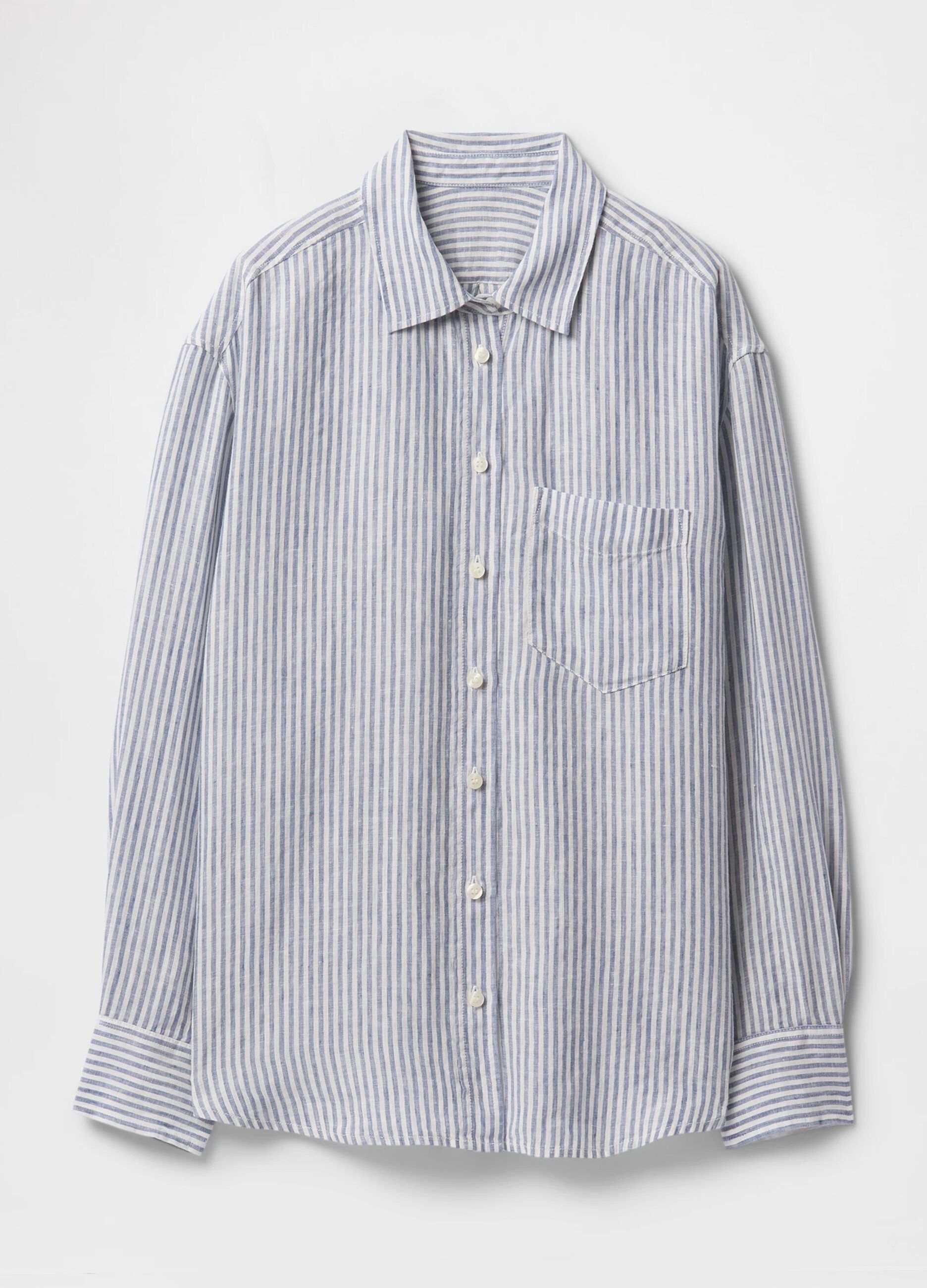 Wide blue and white striped shirt in 100% linen