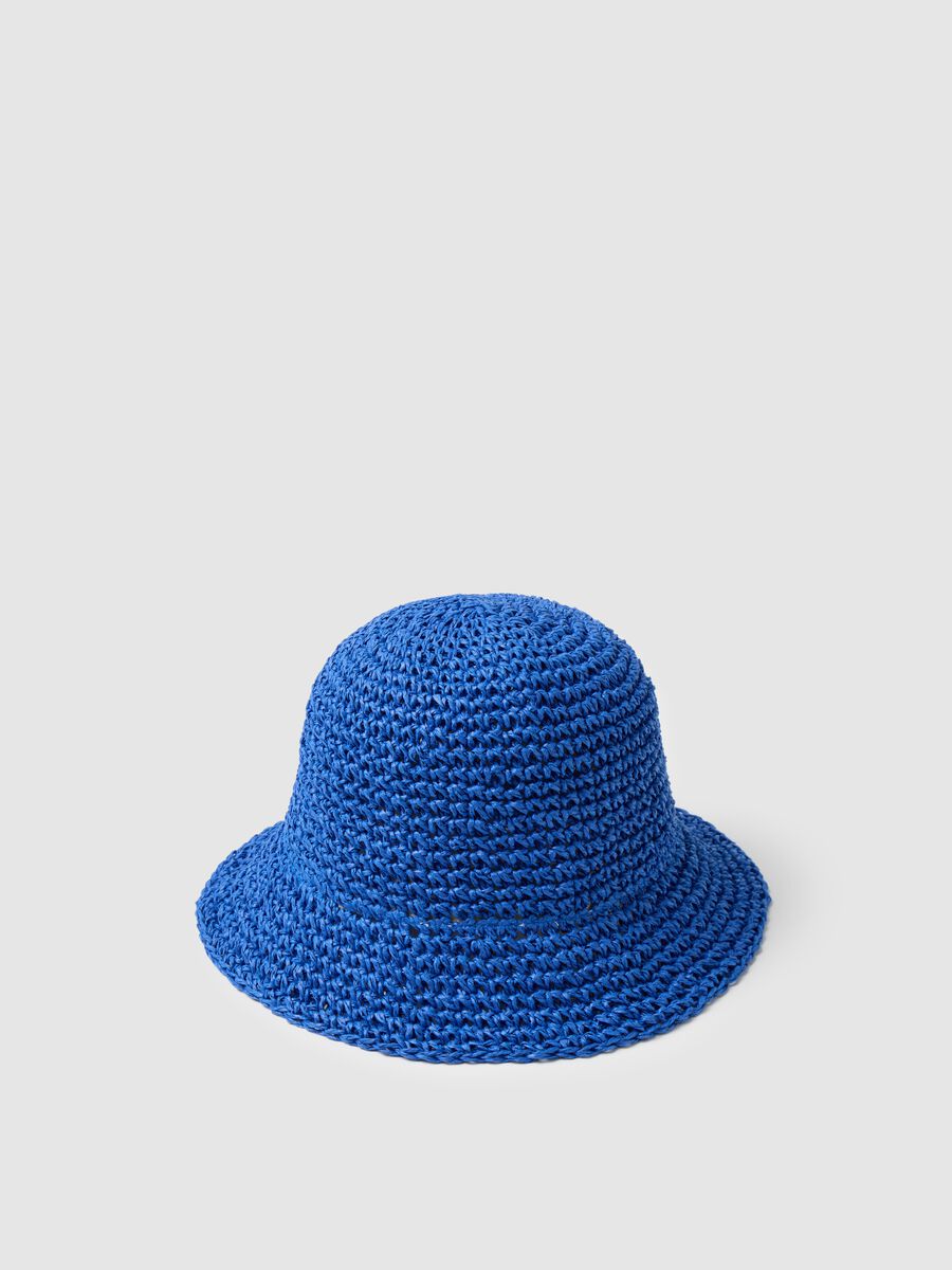 Blue cloche hat made of knitted paper textile_1