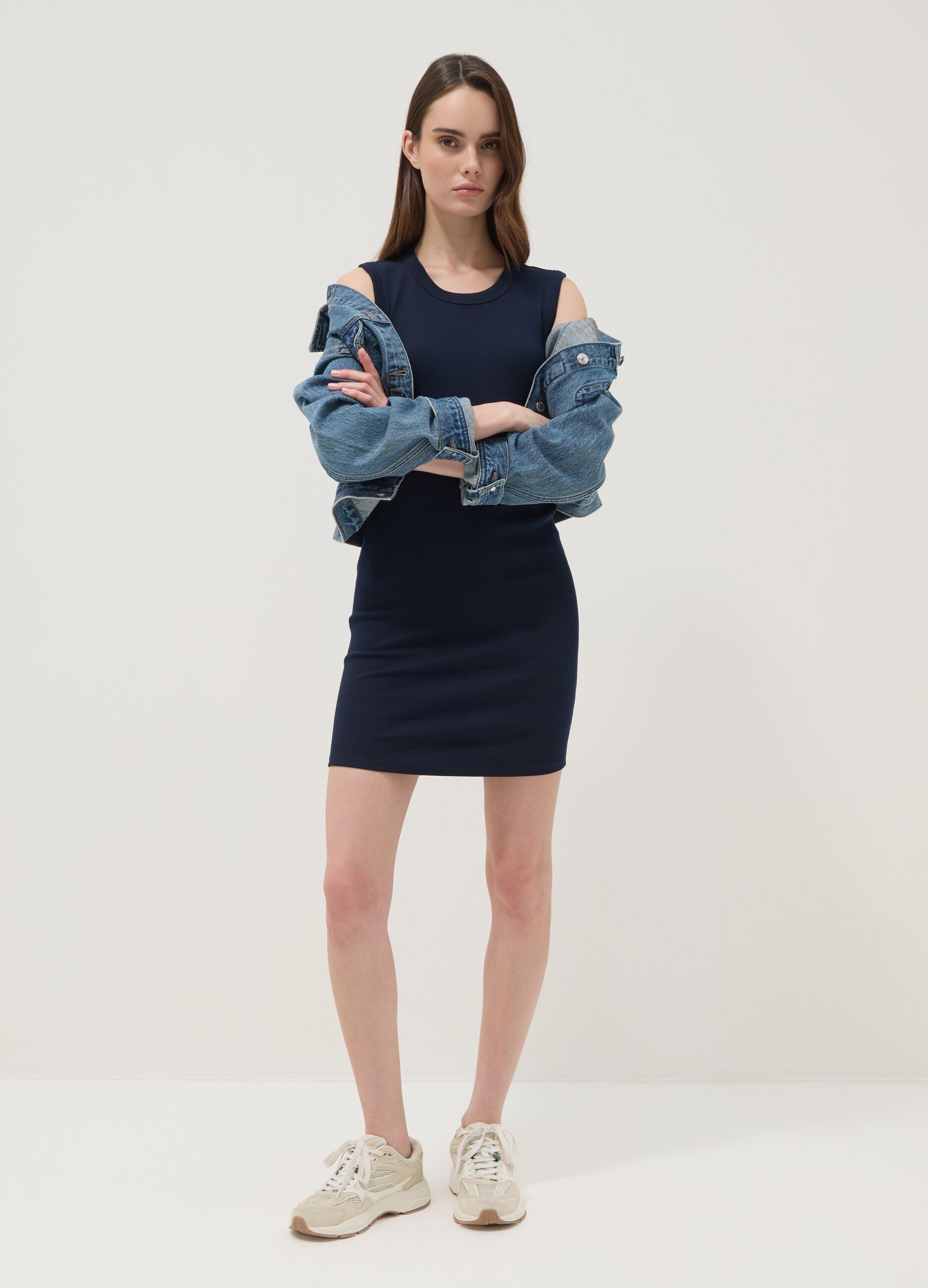 Blue ribbed stretch cotton midi dress
