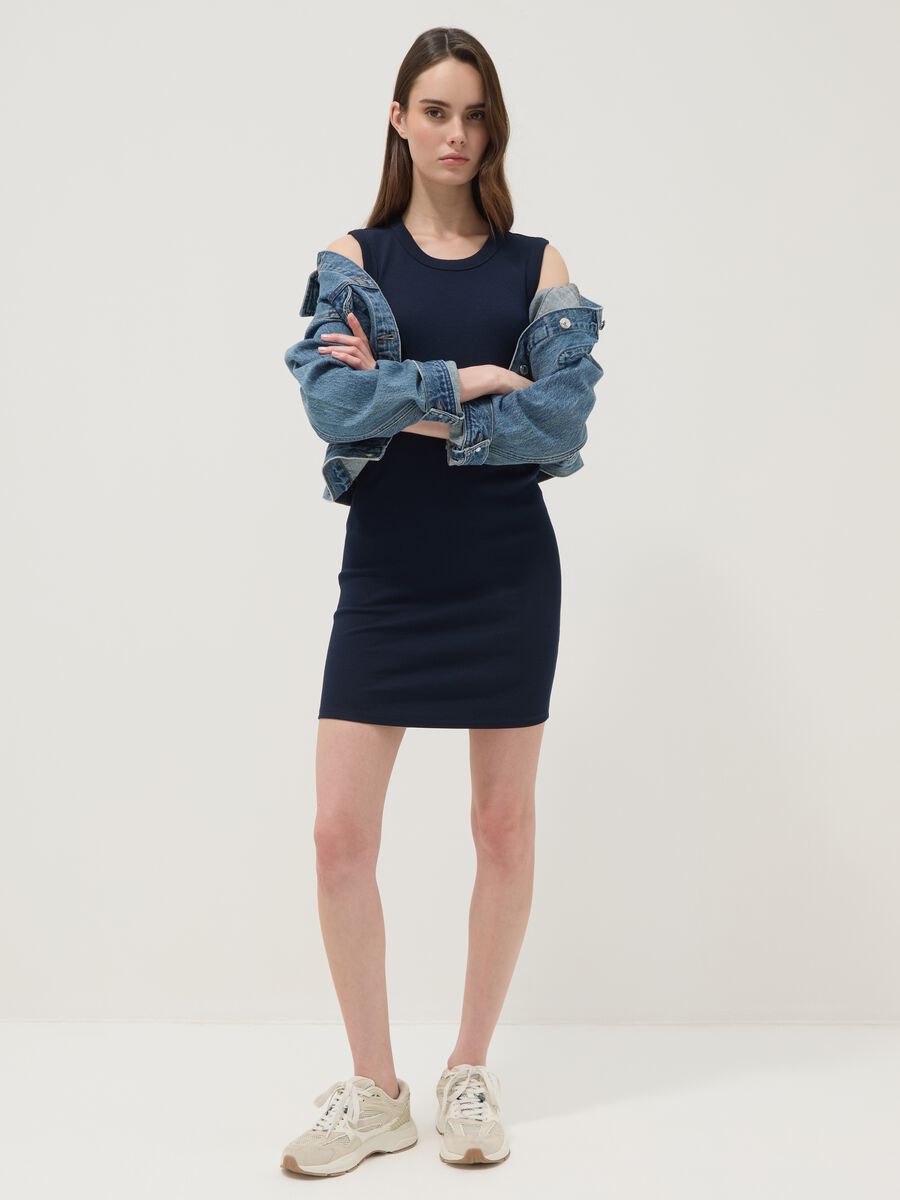Abito midi blu in cotone elasticizzato a costine fitted_0