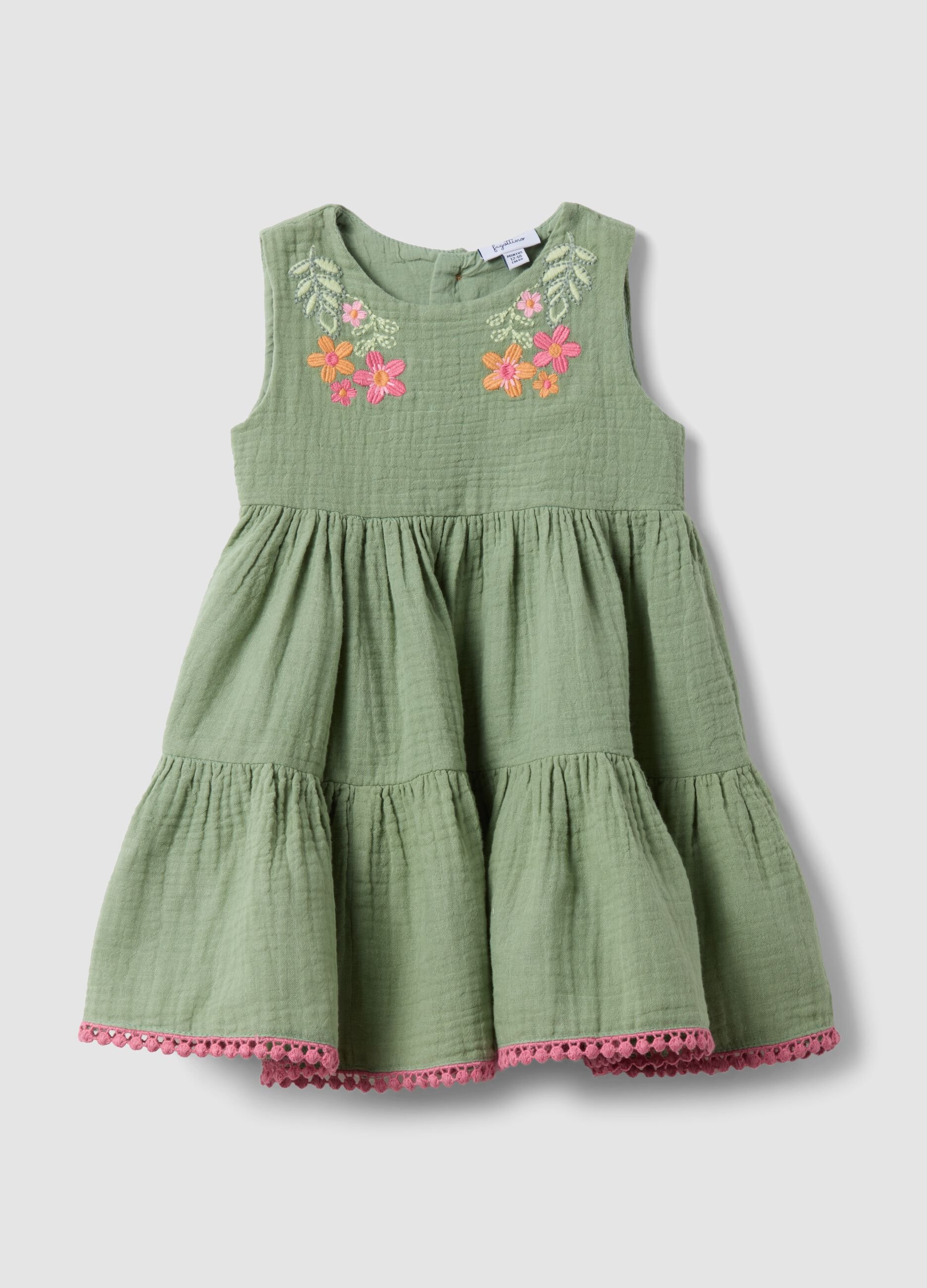 Green pure cotton mini dress with floral embroidery