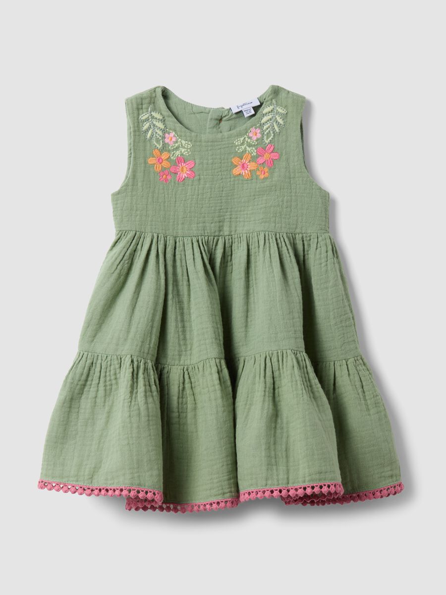Green pure cotton mini dress with floral embroidery_0