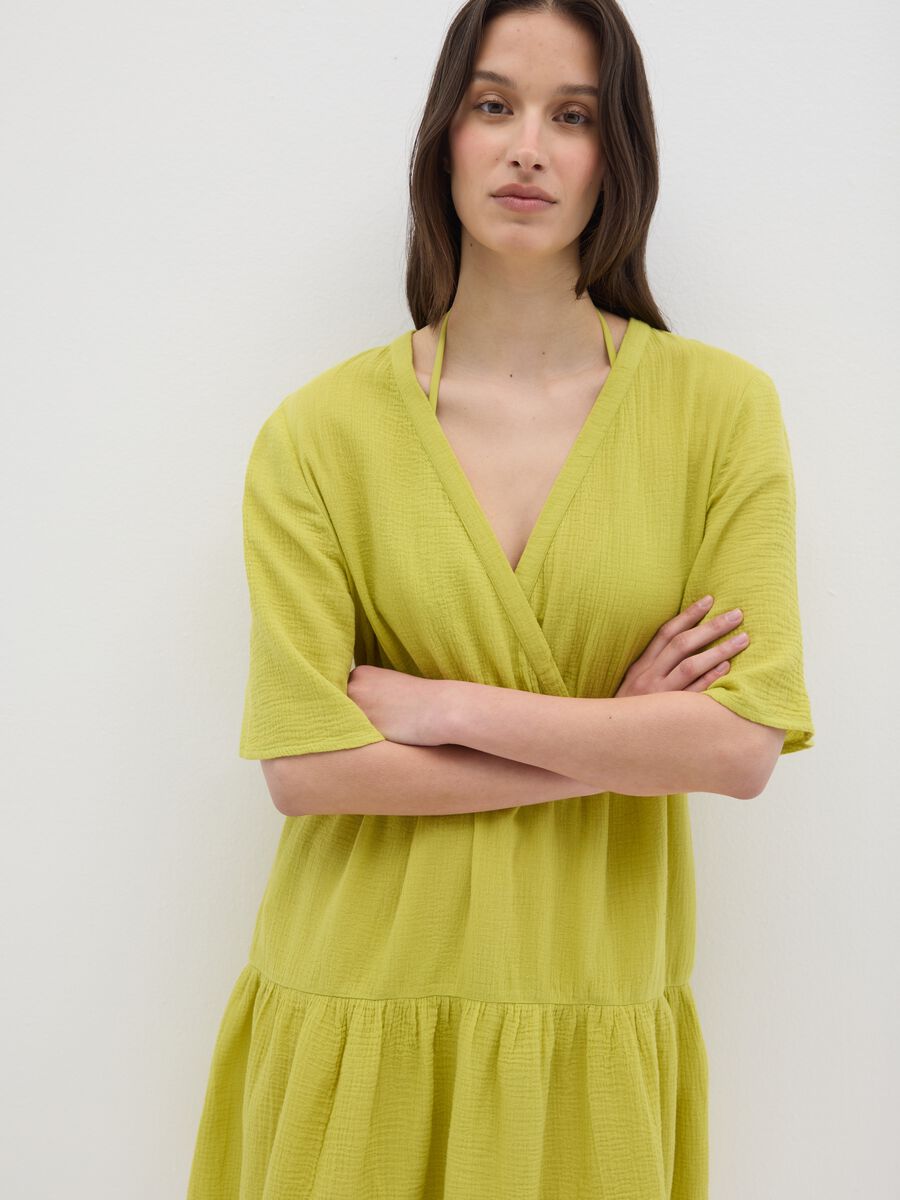 Short green pure cotton women's dress_3