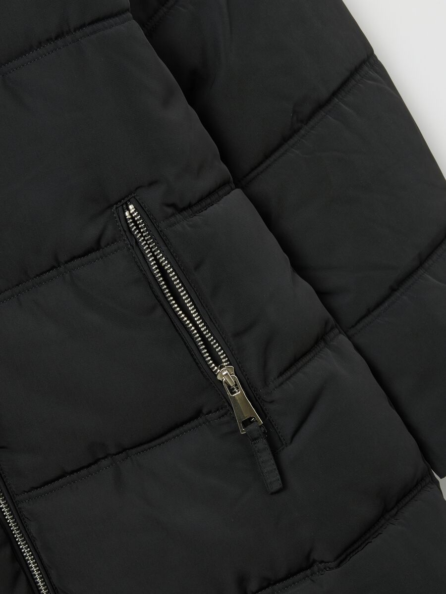 Black long padded jacket regular fit with hood and zip_5