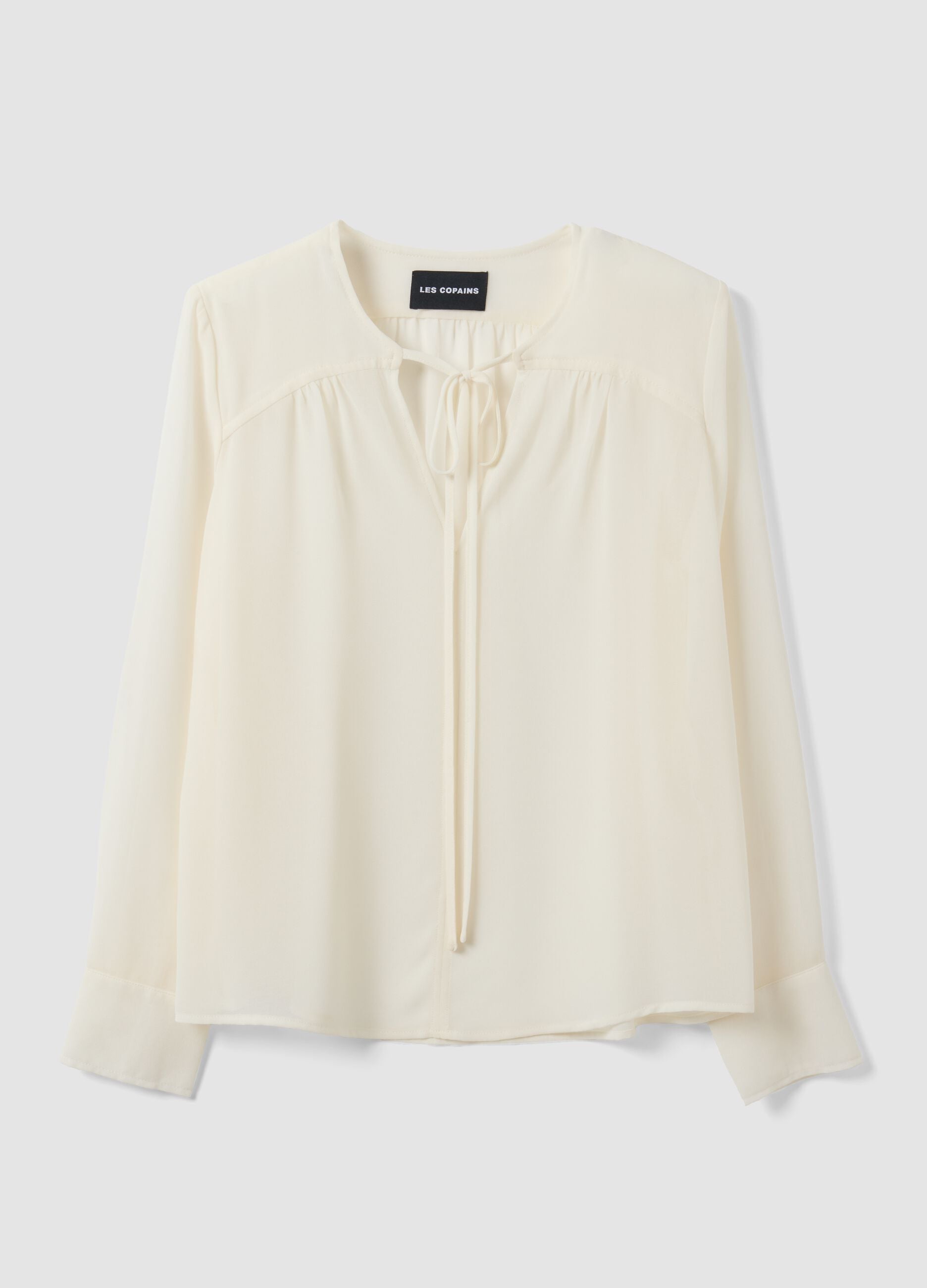 White regular-fit blouse with V-neck and tie detail