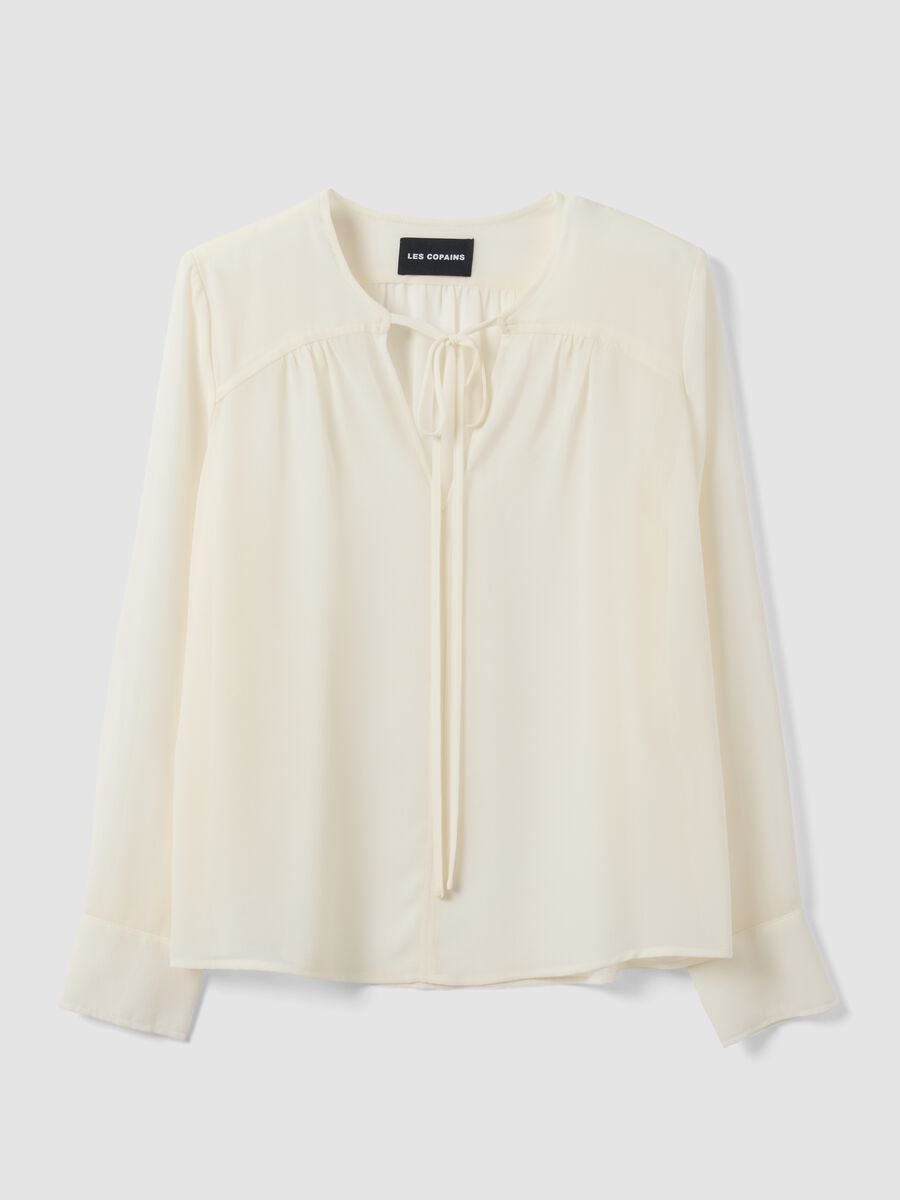 White regular-fit blouse with V-neck and tie detail_0