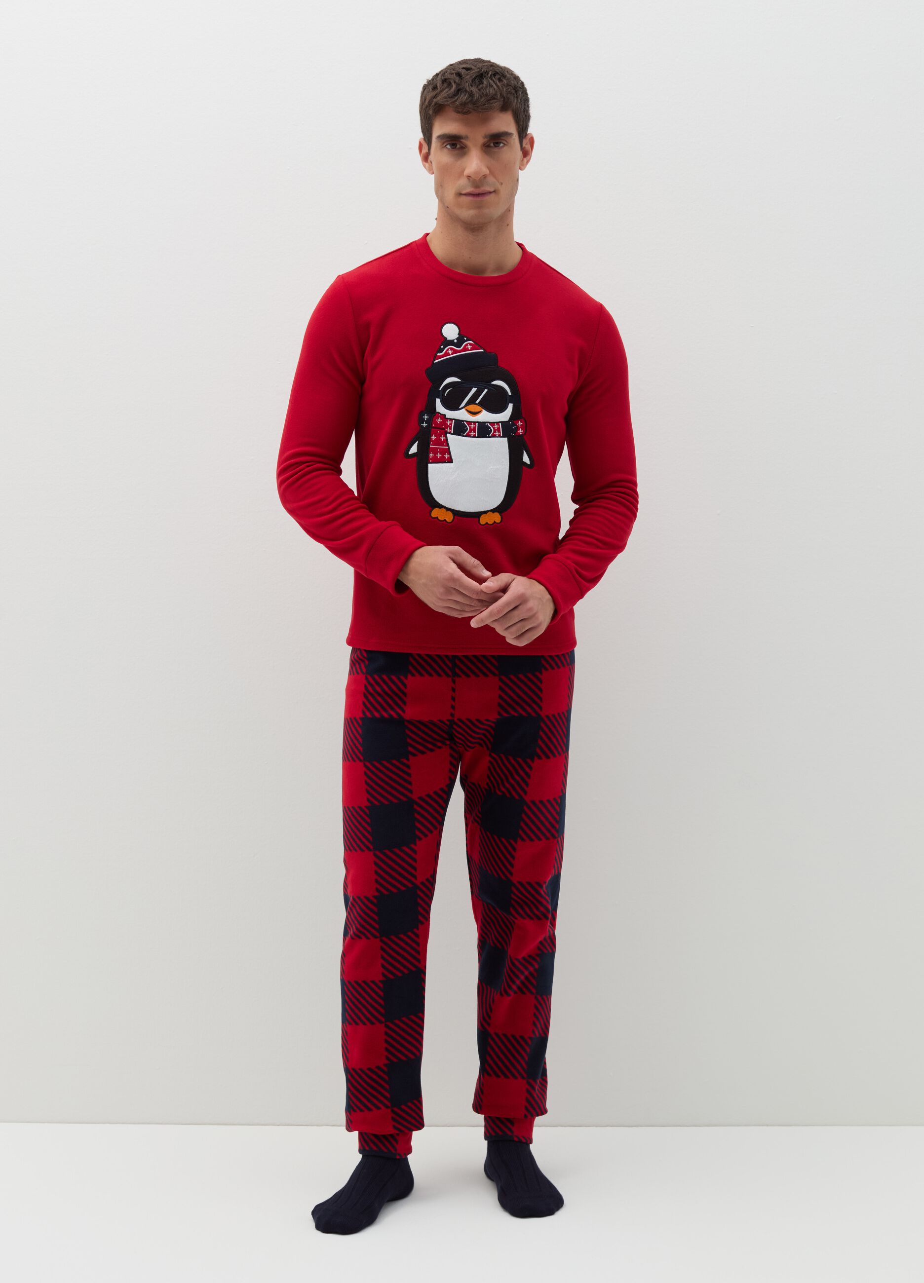 Fleece pyjamas with penguin embroidery