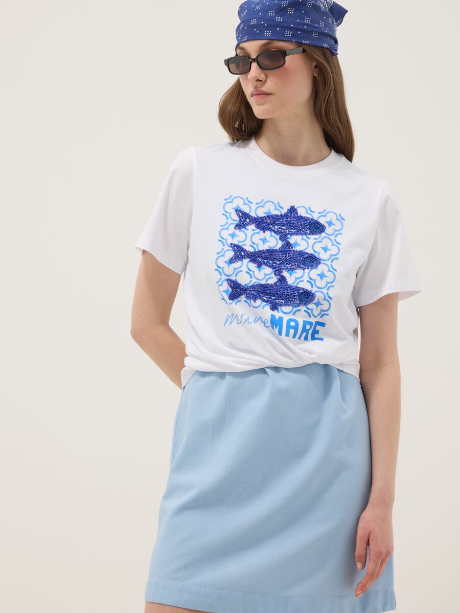 White 100% cotton T-shirt with front print_1