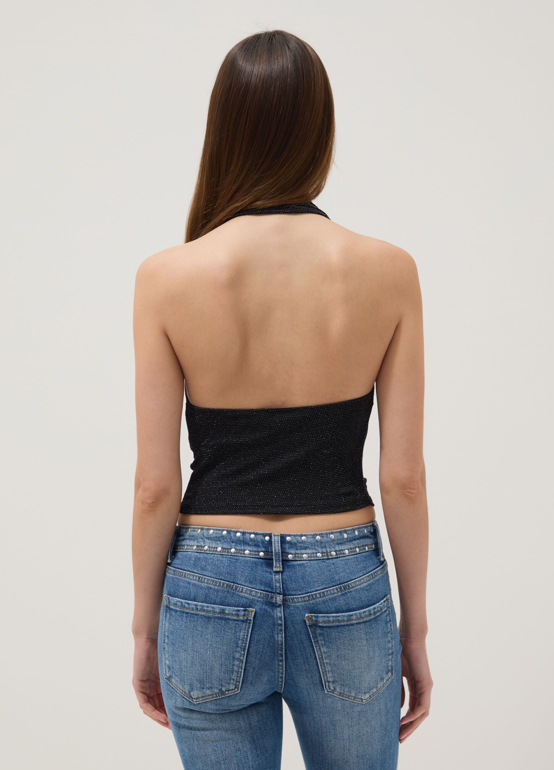 Top halter nero in tessuto elasticizzato regular fit