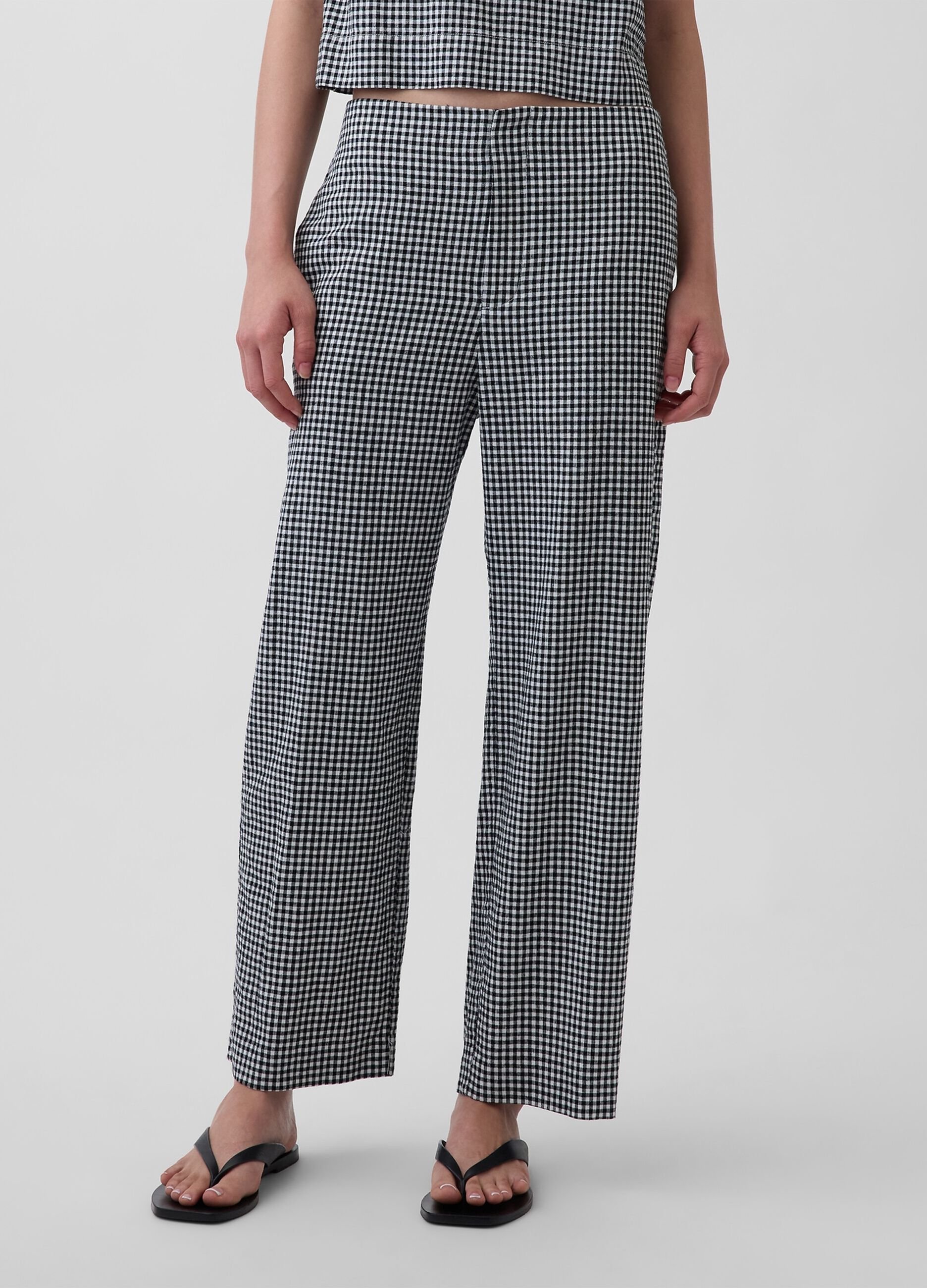Checked linen-blend trousers