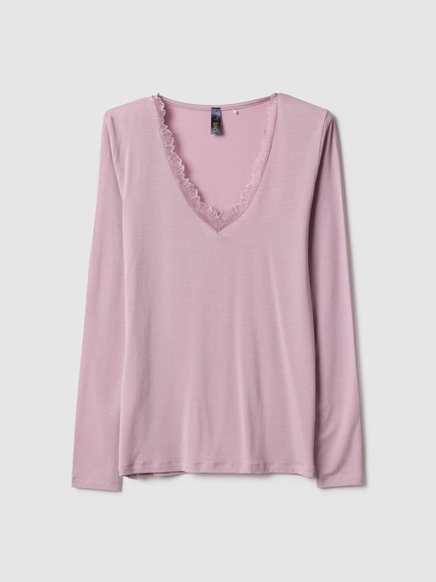 Pink long sleeve regular fit top with lace trims_4