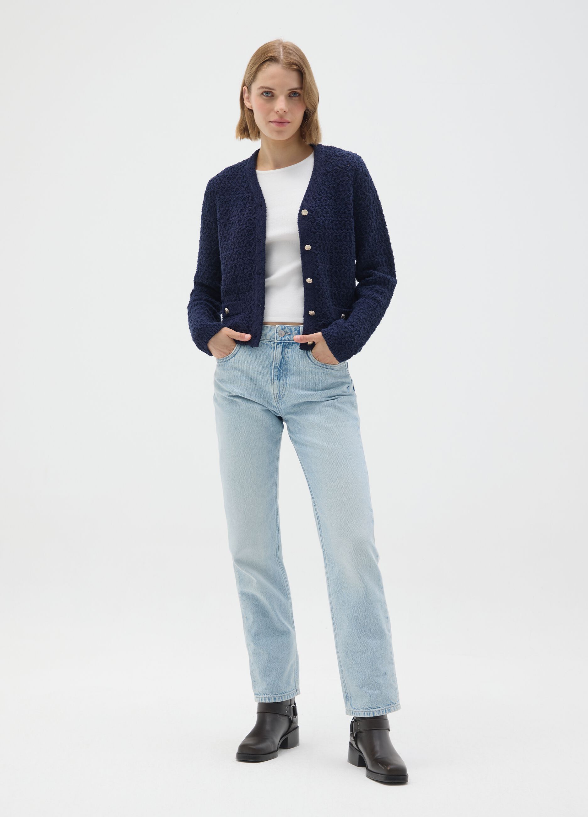 Cardigan blu in maglia strutturata