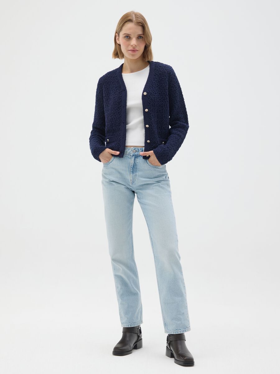 Cardigan blu in maglia strutturata_1