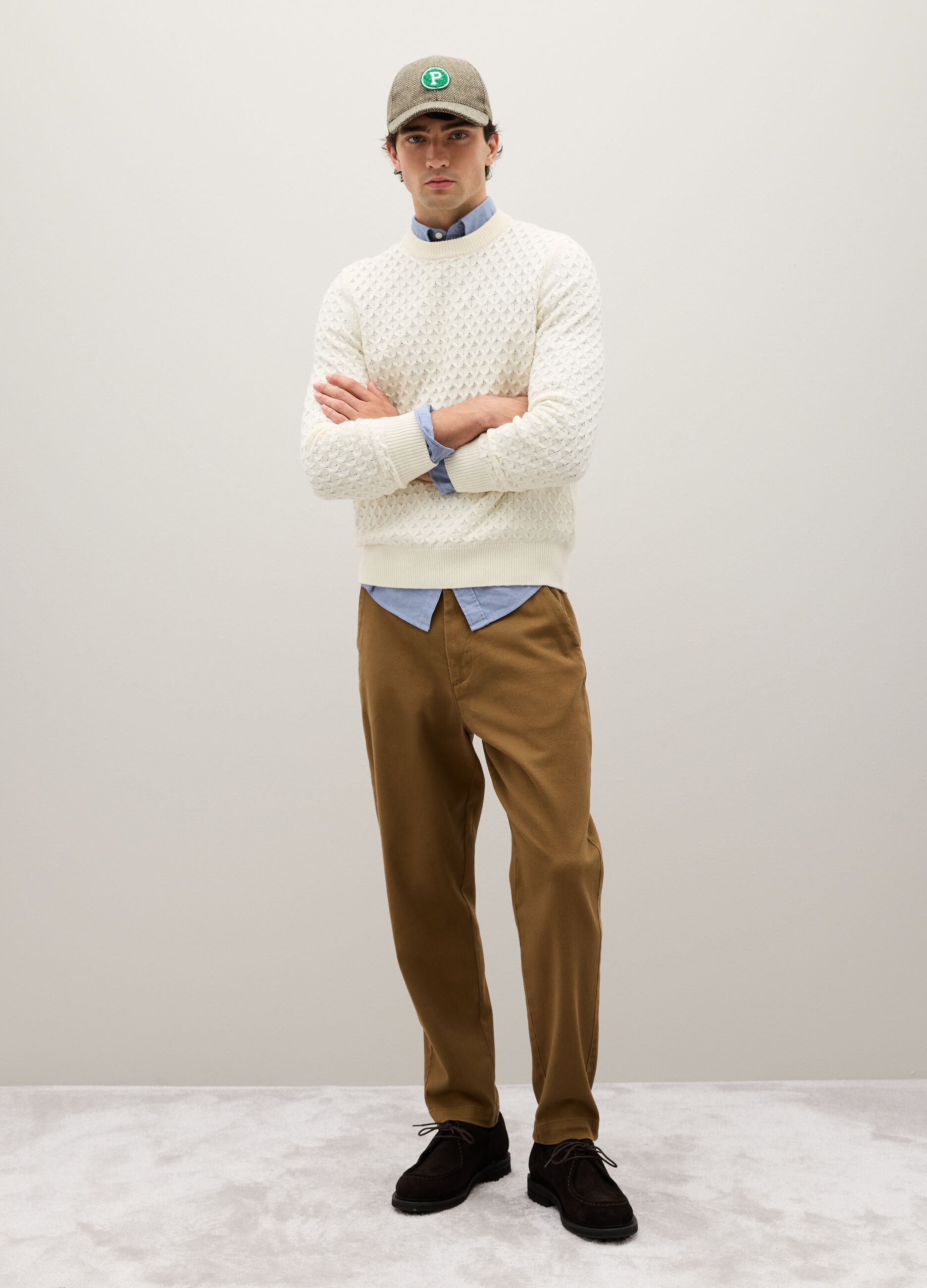 White cotton blend regular fit jumper