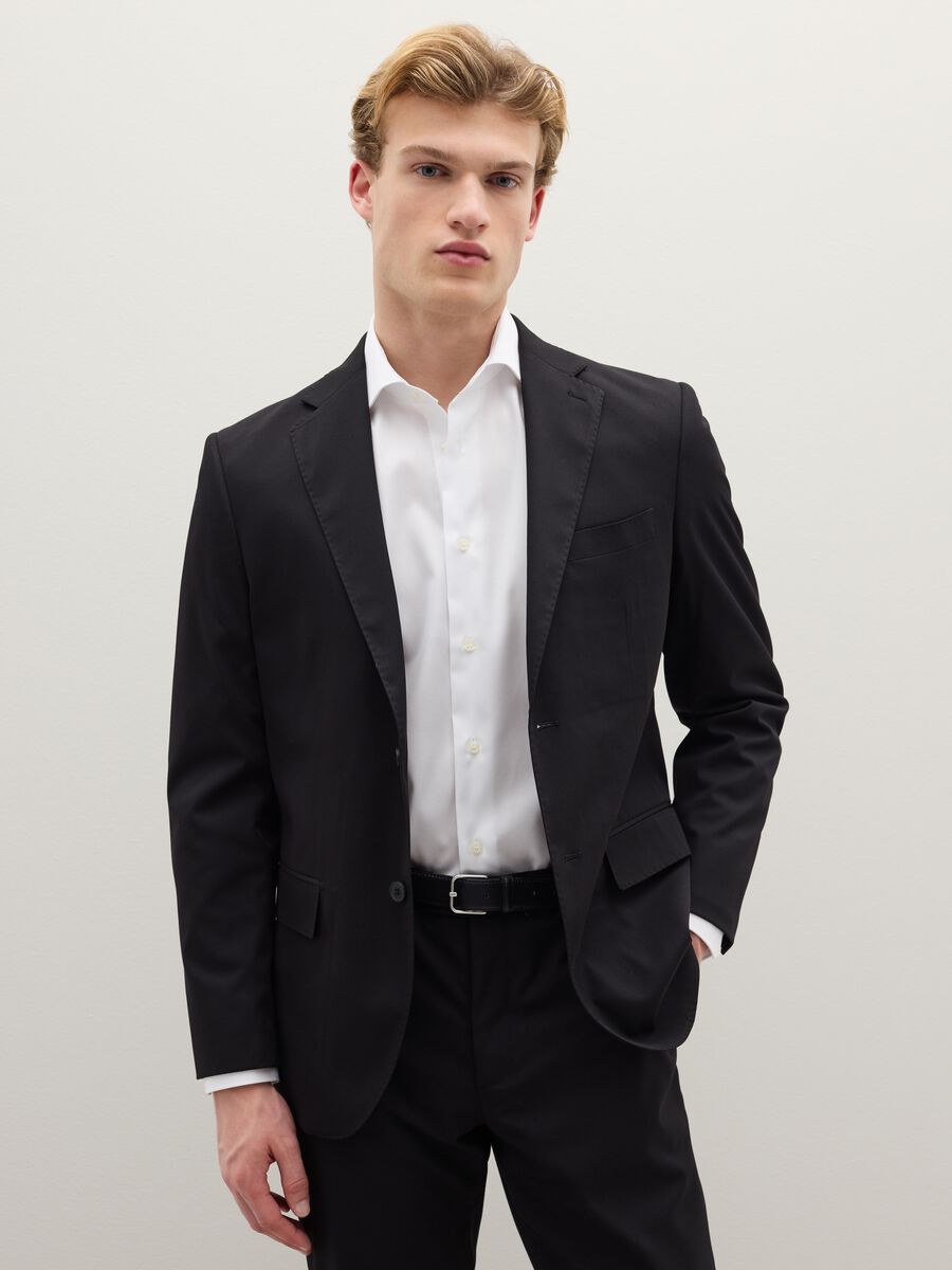 Black regular fit mixed fabric jacket_0