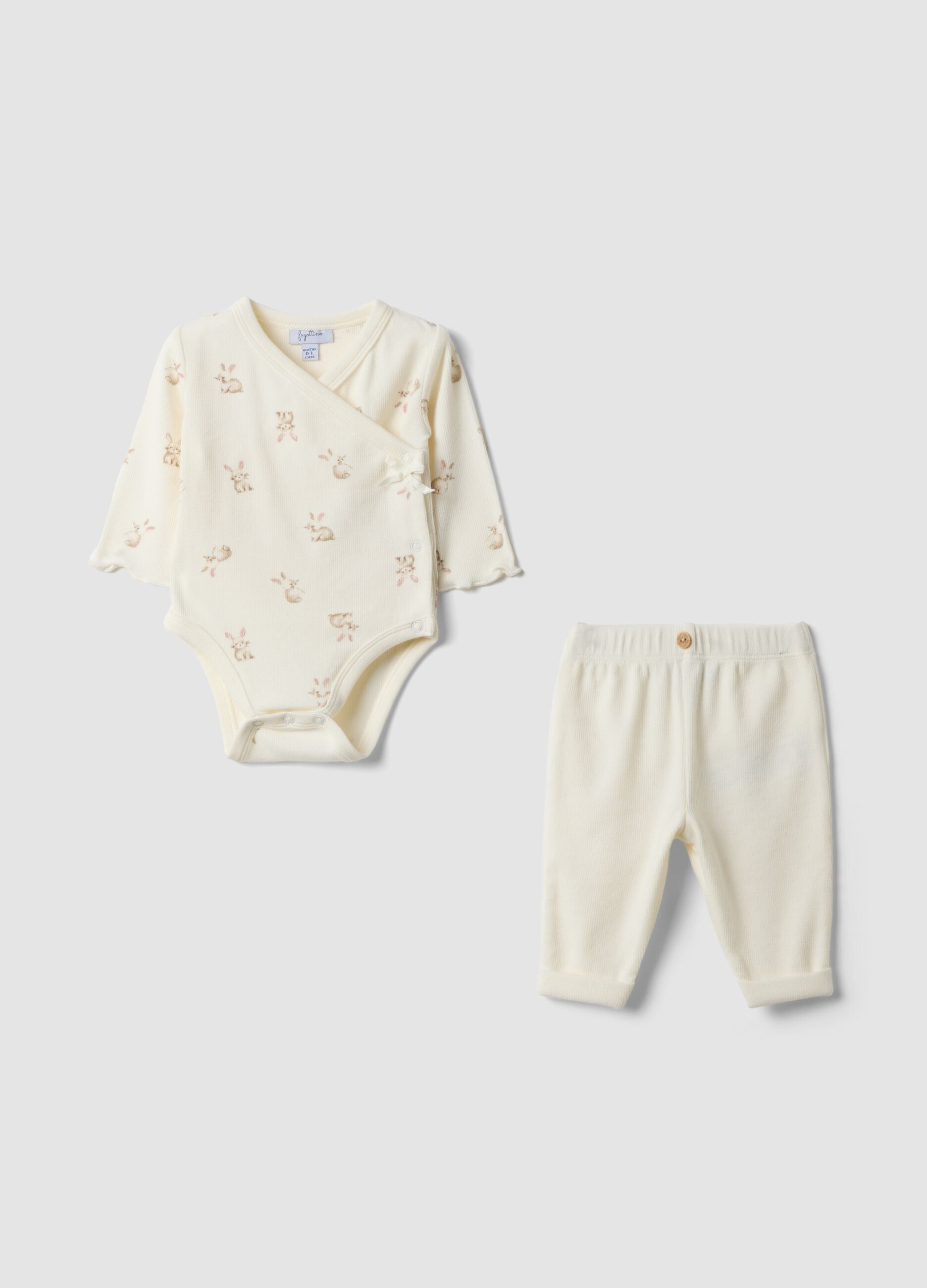 White organic cotton set with wrap-over bodysuit for baby girl