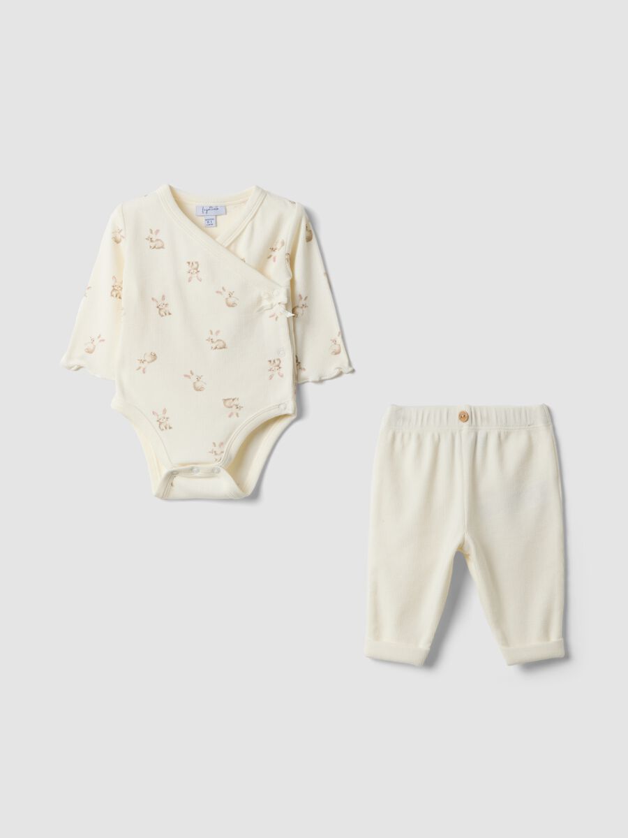 White organic cotton set with wrap-over bodysuit for baby girl_0