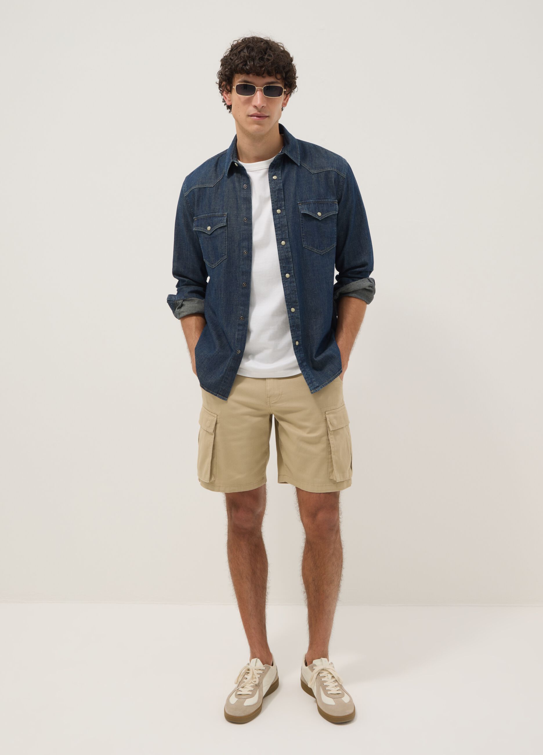 Beige cotton cargo Bermuda shorts, regular fit
